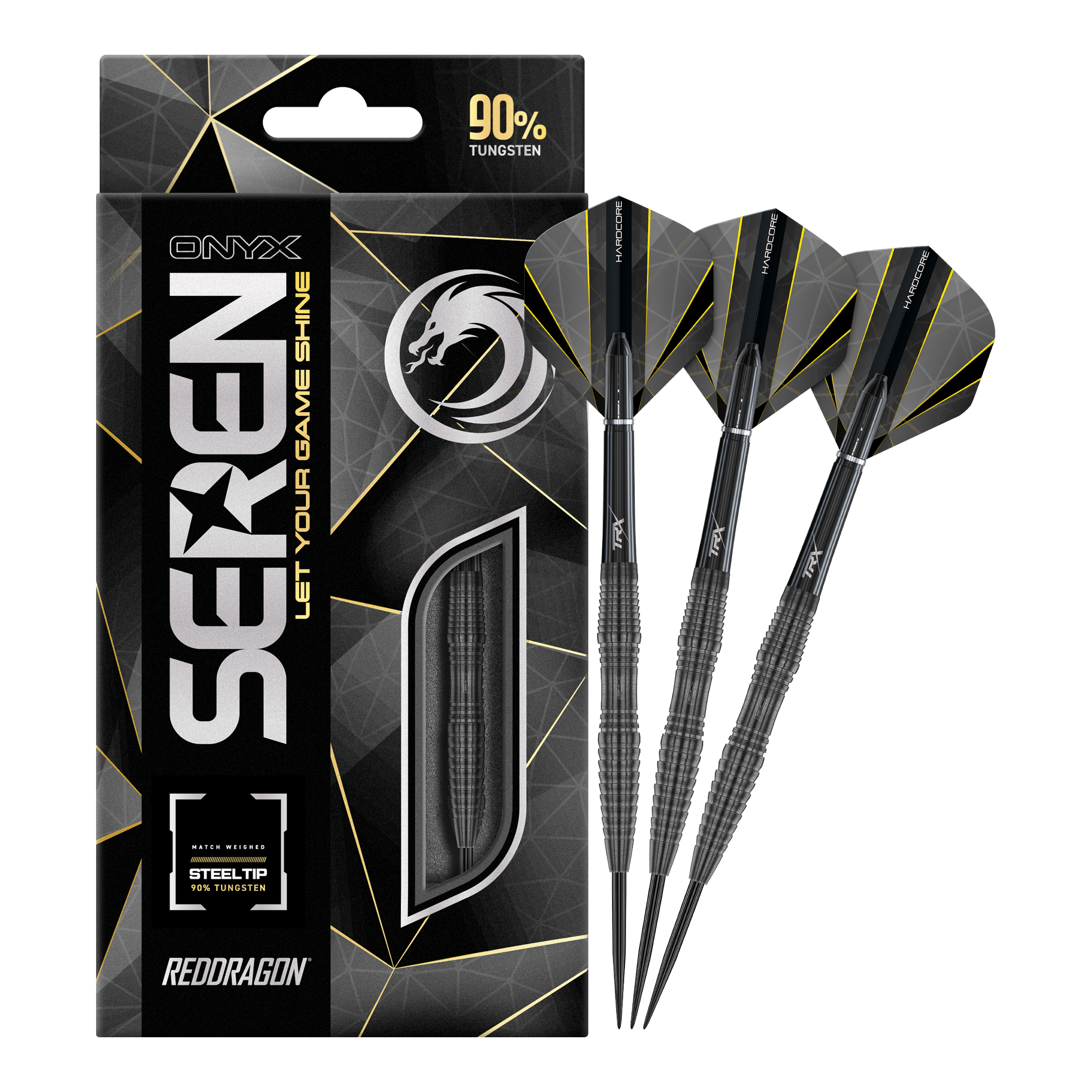 Red Dragon Seren 3 Onyx Steeldarts Das Bild zeigt die Red Dragon Seren 3 Onyx Steeldarts mit einer schwarzen Verpackung. Drei schwarze Steeldarts mit modernen Flights sind neben der Verpackung abgebildet.