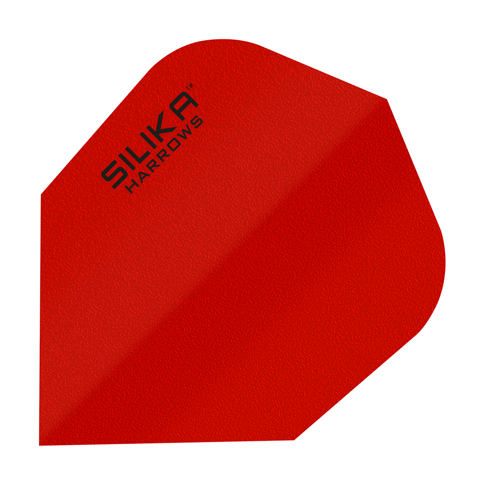 Das Bild zeigt ein rotes Dartflight mit der Aufschrift "Silika Harrows" in der Ecke. Es handelt sich um das Modell "Harrows Silika Solid Tough Crystalline Coating Red No6 Flights".