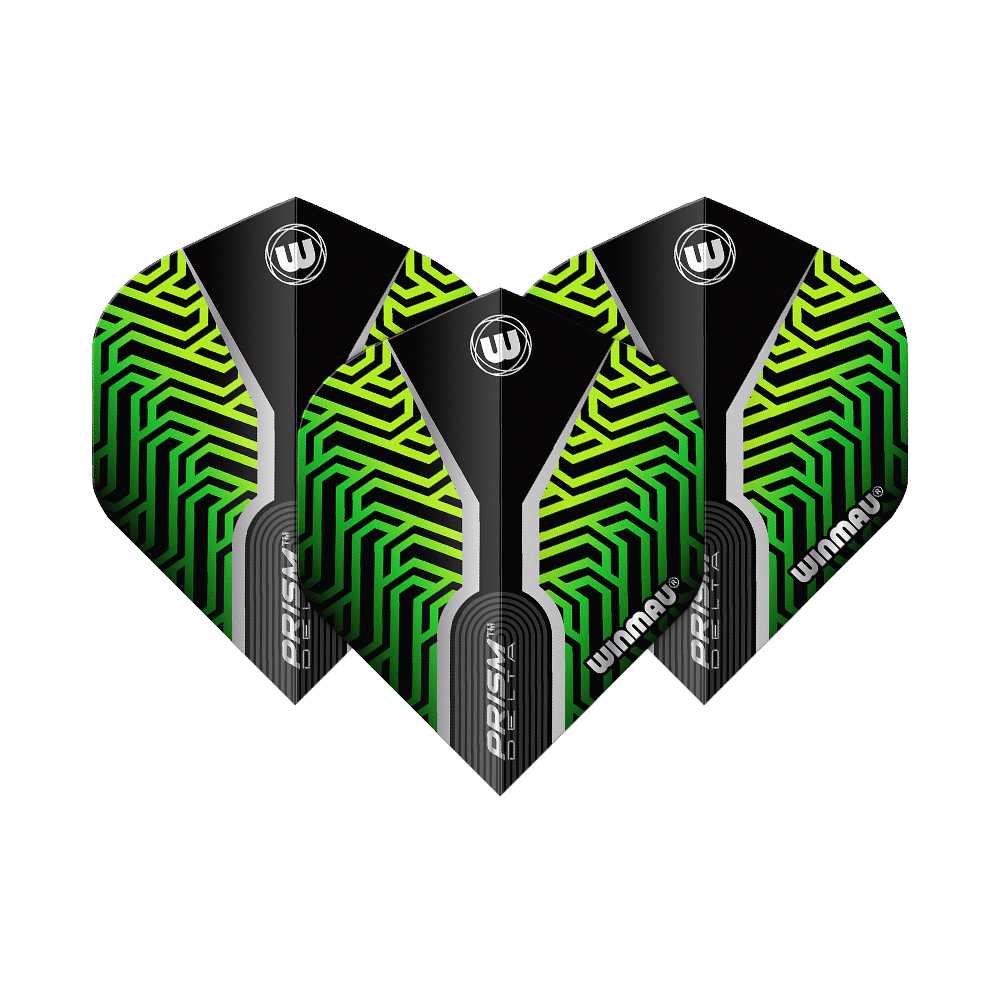 Das Bild zeigt drei Dart-Flights des Modells "Winmau Prism Delta Kairos No2 Standard" in Grün. Die Flights haben ein auffälliges Muster in Grün und Schwarz mit weißen Akzenten und dem Winmau-Logo.