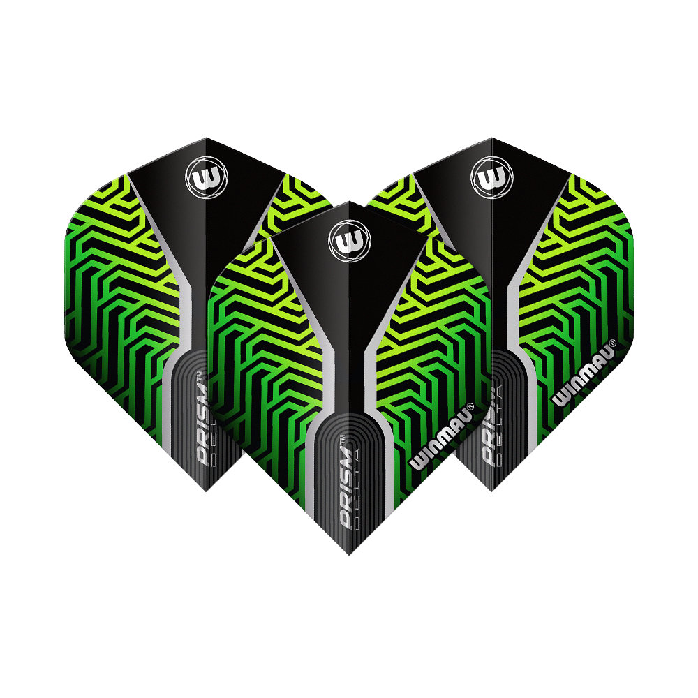 Winmau Prism Delta Kairos No2 Standard Flights Grün Das Bild zeigt drei Dart-Flights des Modells "Winmau Prism Delta Kairos No2 Standard" in Grün. Die Flights haben ein auffälliges Muster in Grün und Schwarz mit weißen Akzenten und dem Winmau-Logo.