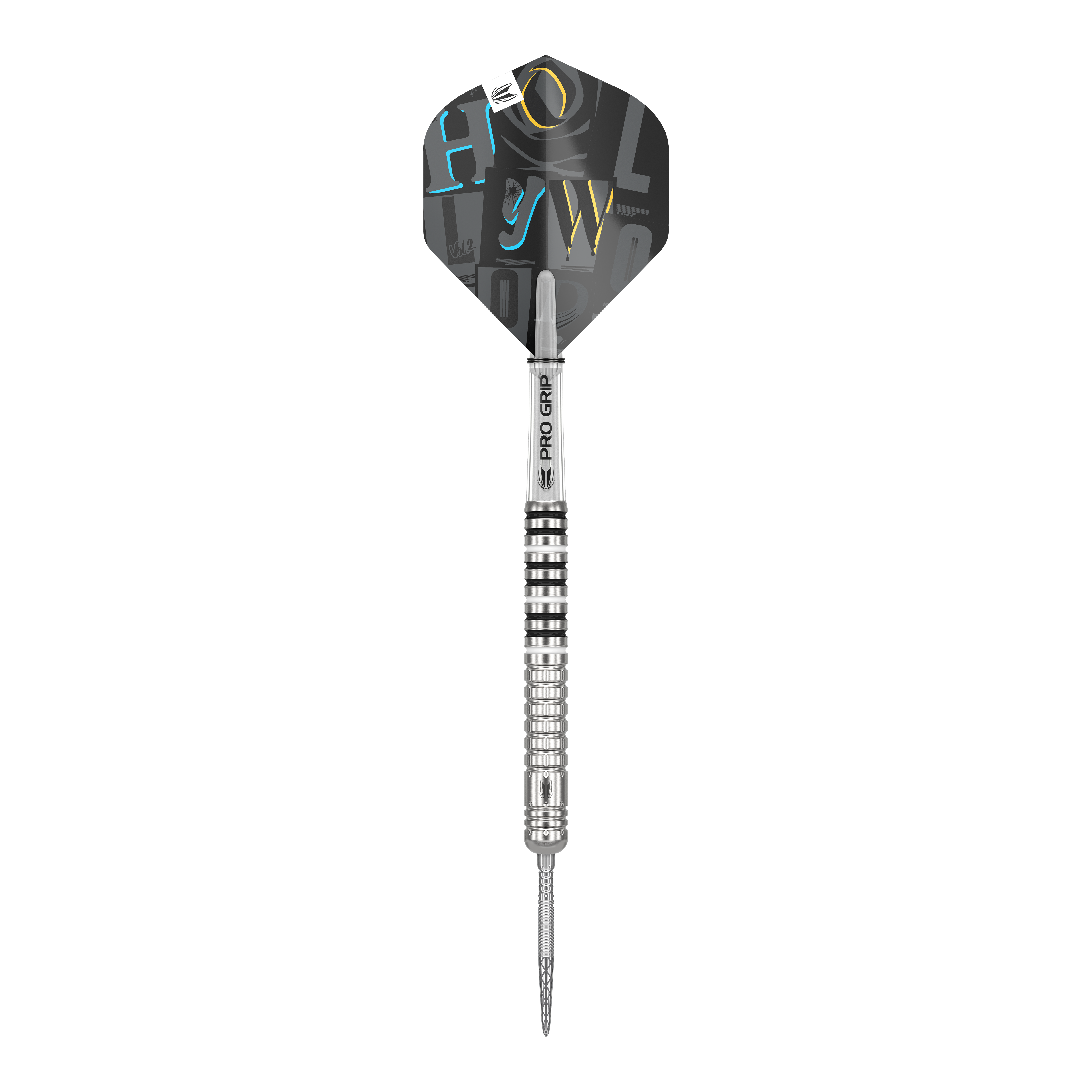 Target Chris Dobey GEN1 Swiss Point Steeldarts Das Bild zeigt einen silbernen Steeldartpfeil mit einer schwarzen Flight und dem Aufdruck "PRO GRIP" auf dem Schaft. Der Flight hat farbige Buchstaben in Blau, Gelb und Weiß aufgedruckt.