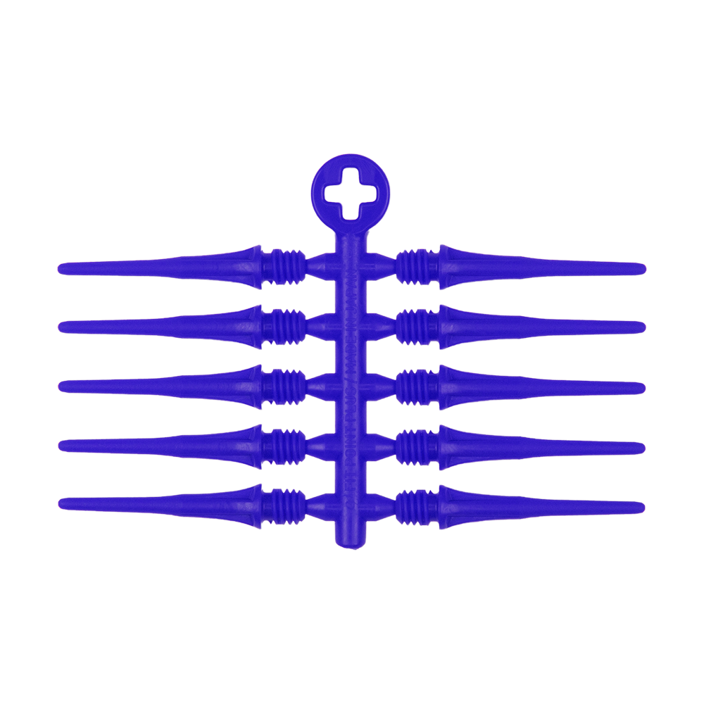 Das Bild zeigt ein Set von acht blauen Dartspitzen, die an einem Verbindungssteg befestigt sind. Oben befindet sich ein rundes Element mit einem Kreuz in der Mitte.