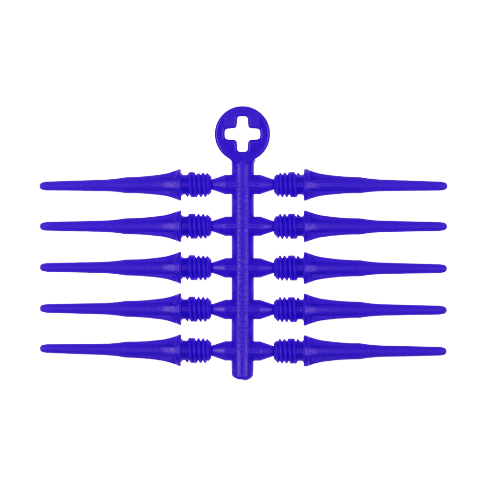 X9050_Cosmo_Fit_Point_Plus_2BA_Spitzen_Blau_2 Das Bild zeigt ein Set von acht blauen Dartspitzen, die an einem Verbindungssteg befestigt sind. Oben befindet sich ein rundes Element mit einem Kreuz in der Mitte.