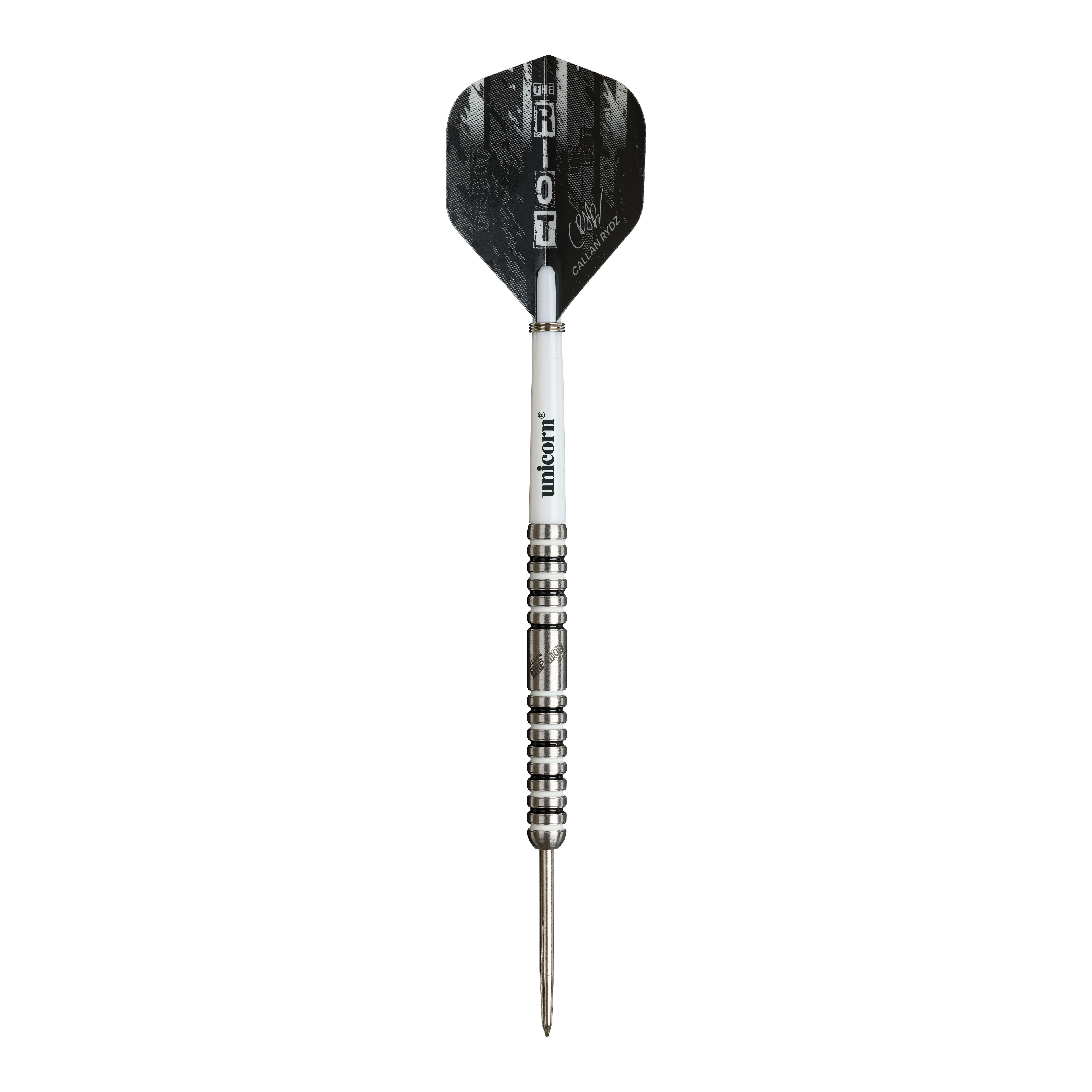 Unicorn Callan Rydz The Riot Phase 2 Steeldarts Auf dem Bild ist ein Steeldart der Marke Unicorn zu sehen, Modell "Callan Rydz The Riot Phase 2". Der Dart hat ein schwarzes Flight mit silbernen und weißen Akzenten sowie eine silberne, gerillte Spitze.