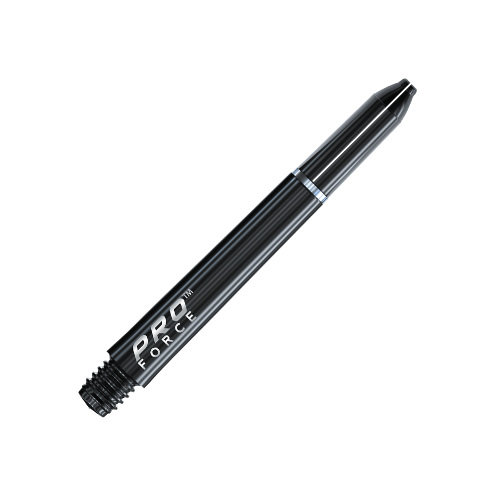 Das Bild zeigt einen schwarzen Winmau Pro-Force Shafts für Dartpfeile. Auf dem Schaft steht gut lesbar "PRO FORCE" in weißer Schrift.