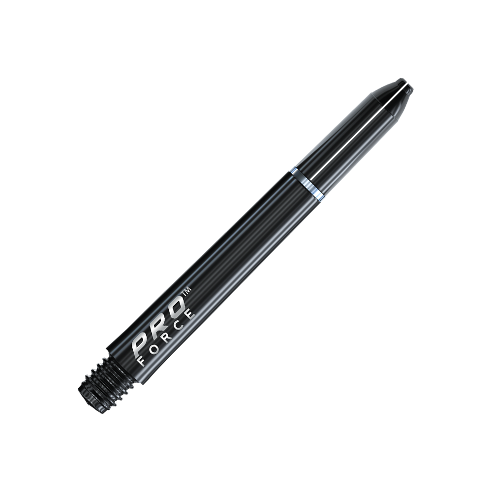 7011_401_Winmau_Pro-Force_Shafts_Schwarz_41mm_2 Das Bild zeigt einen schwarzen Winmau Pro-Force Shafts für Dartpfeile. Auf dem Schaft steht gut lesbar "PRO FORCE" in weißer Schrift.