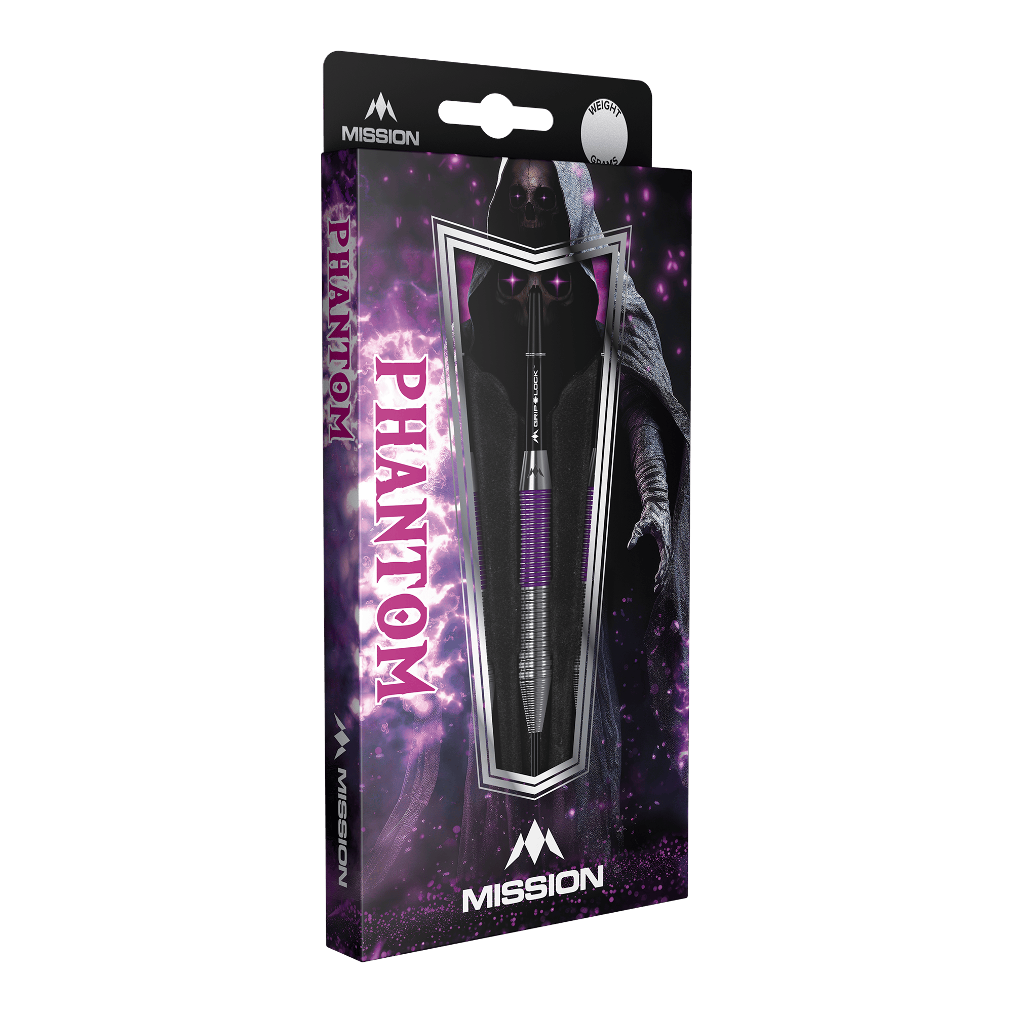 Mission Phantom Brass Steeldarts - 22g Die Abbildung zeigt die Verpackung der "Mission Phantom Brass Steeldarts - 22g". Die Verpackung ist überwiegend lila und schwarz gestaltet und zeigt einen Dartpfeil sowie eine geheimnisvolle, schattenhafte Figur im Hintergrund.