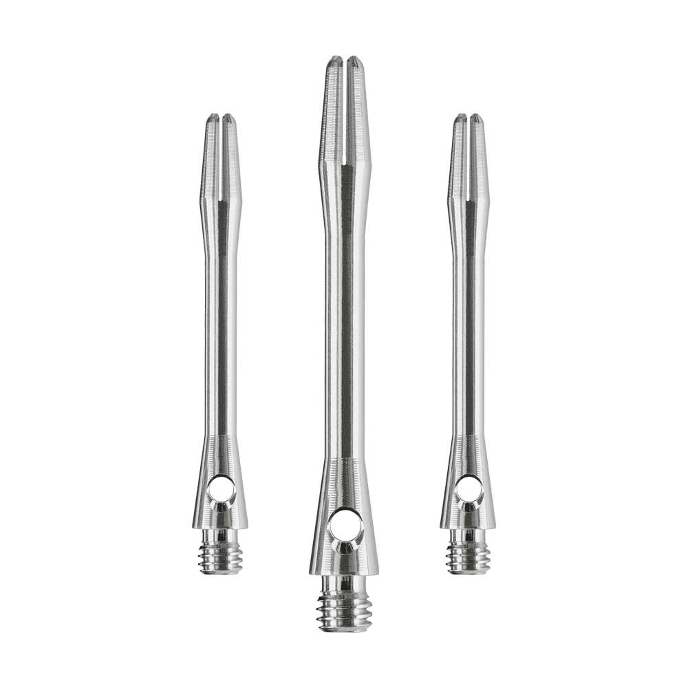 Das Bild zeigt drei silberne Harrows Keramic Shafts in Gun Metal Farbe. Sie sind Dartschäfte in unterschiedlichen Längen.