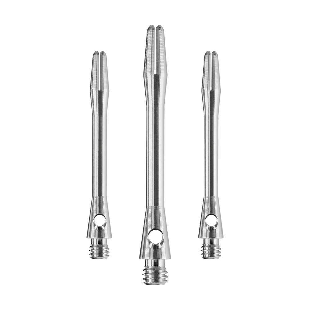 HR370_Harrows_Keramic_Shafts_Gun_Metal_41mm_1 Das Bild zeigt drei silberne Harrows Keramic Shafts in Gun Metal Farbe. Sie sind Dartschäfte in unterschiedlichen Längen.