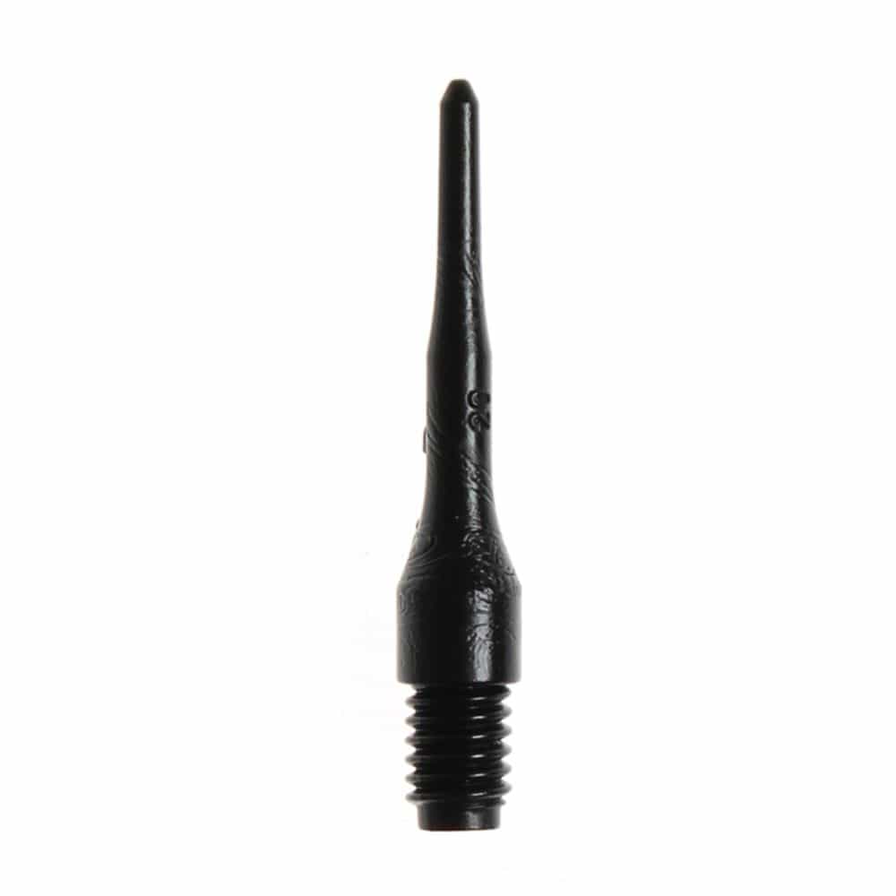 Evo-Long-Spitze-Schwarz Das Bild zeigt eine einzelne, schwarze Dartspitze mit Schraubgewinde. Es handelt sich um das Produkt "Evolution LONG-Spitzen (500er Pack)".