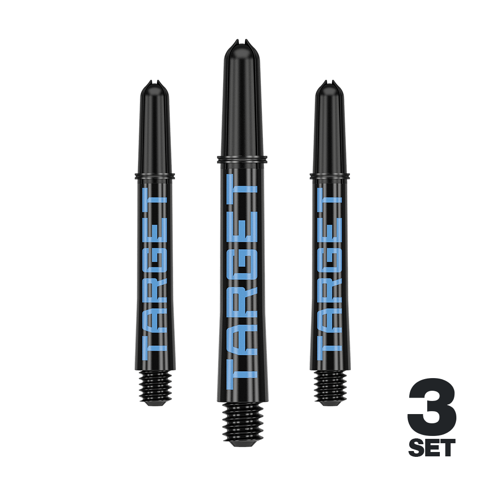 Target Pro Grip TAG Shafts - 3 Sets - Schwarz Blau Das Bild zeigt drei schwarze Dartschäfte mit blauer Aufschrift "TARGET". Unten rechts steht "3 SET", was auf ein Set aus drei Stück hinweist.