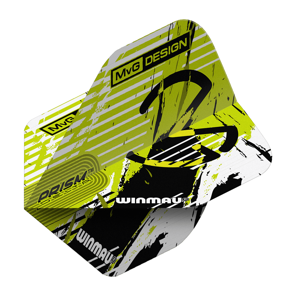 Das Bild zeigt die Winmau Delta Michael Van Gerwen Prism 03 Standard Flights. Das Design ist in Gelb, Schwarz und Weiß gehalten und trägt den Schriftzug "MvG DESIGN" sowie das Winmau-Logo.