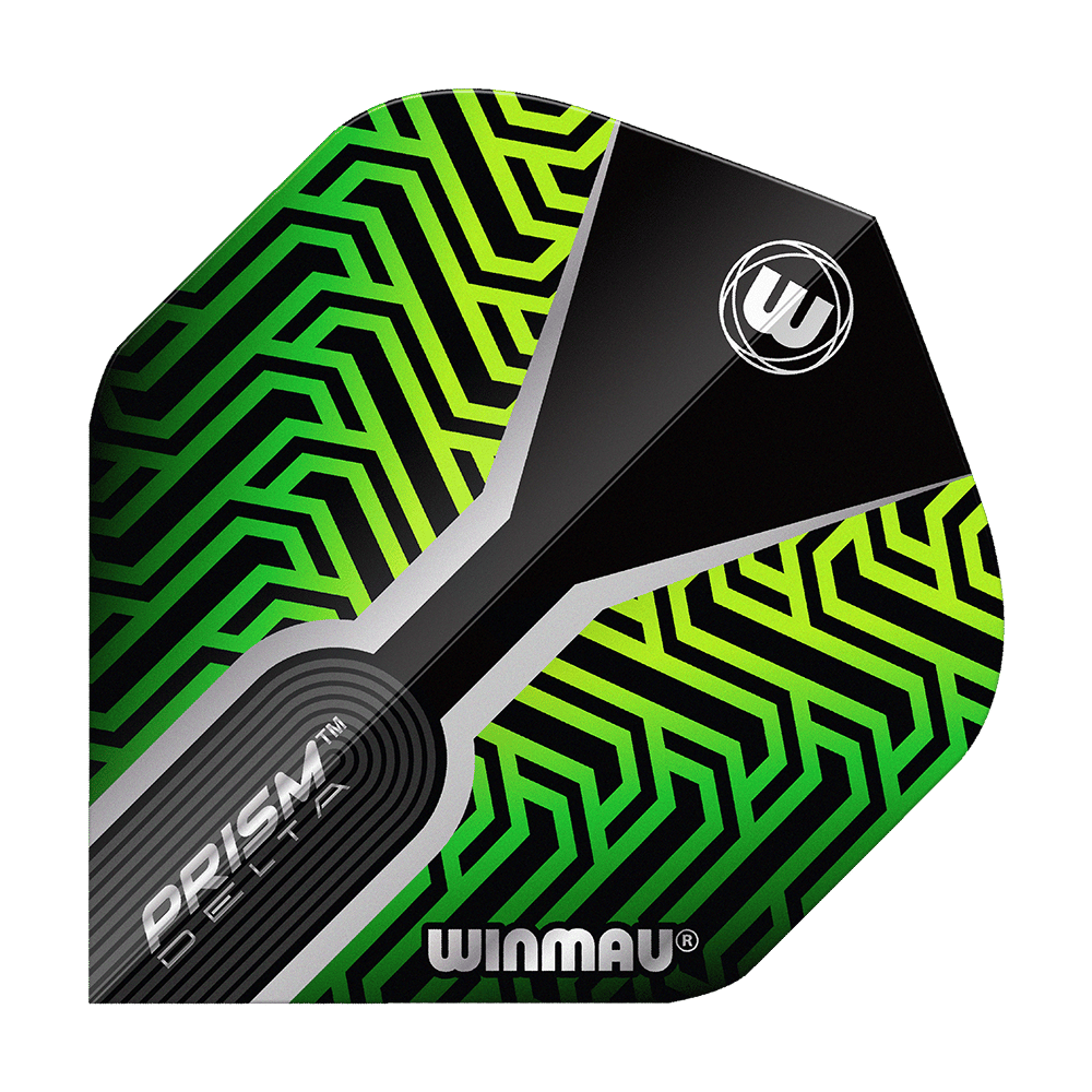 Das Bild zeigt ein Dartflight mit dem Namen "Winmau Prism Delta Kairos No2 Standard Flights Grün". Das Flight hat ein auffälliges grünes und schwarzes geometrisches Muster mit dem Winmau-Logo.