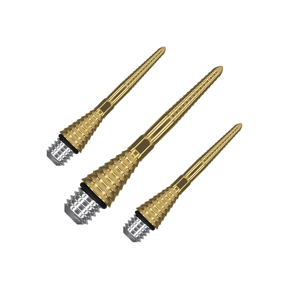 380178_Target_Titanium_Swiss_Point_Grooved_Conversion_Points_Gold_26mm_1 Das Bild zeigt drei goldfarbene Target Swiss Point Grooved Conversion Points. Sie haben ein gerilltes Design und sind für Dartpfeile bestimmt.