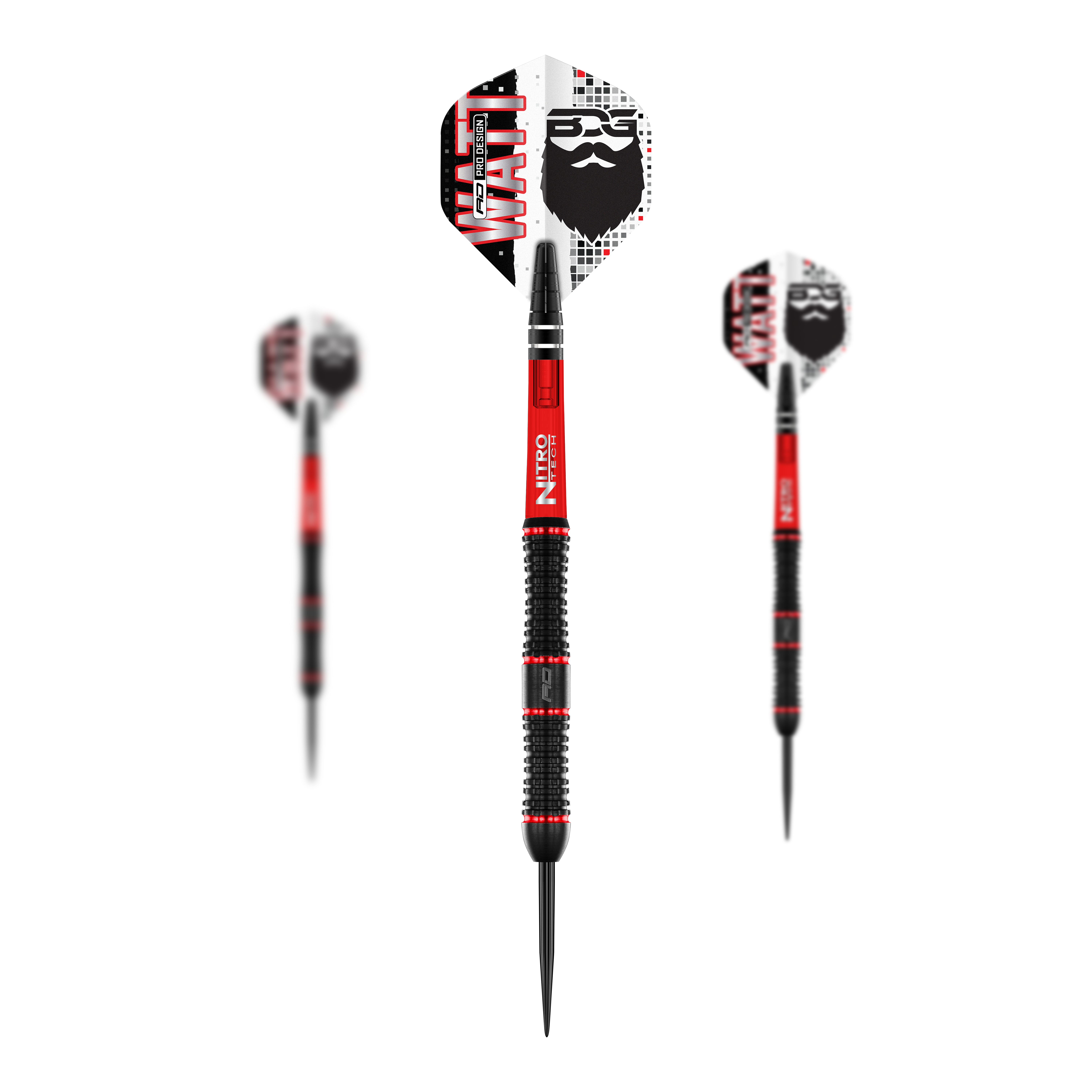 Red Dragon Jason Watt Steeldarts - 22g Das Bild zeigt drei Steeldarts des Modells "Red Dragon Jason Watt" mit einem Gewicht von 22g. Die Darts sind schwarz-rot und haben Flights mit einem Bartmotiv und der Aufschrift "WATT".