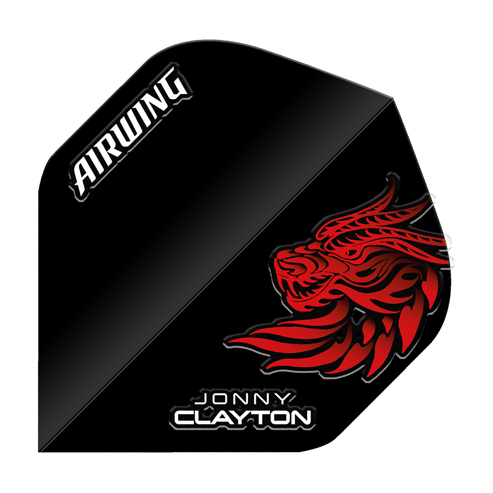 Das Bild zeigt ein schwarzes Dart Flight mit einem roten Drachensymbol. Auf dem Flight stehen die Wörter "AIRWING" und "JONNY CLAYTON".