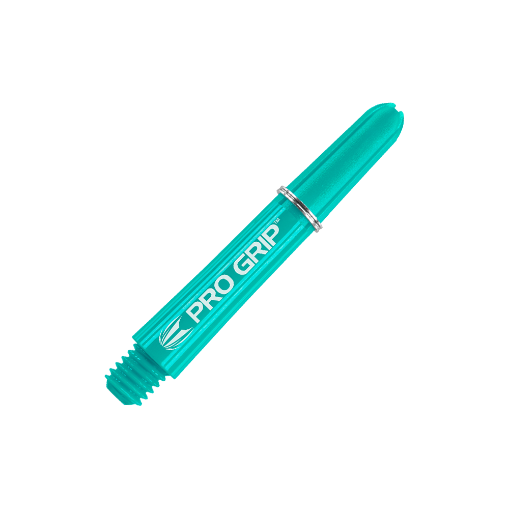 Target Pro Grip Shafts - 3 Sets - Aqua Das Bild zeigt einen aqua-blauen Pro Grip Dart-Schaft mit silbernem Ring. Auf dem Schaft steht der Schriftzug „PRO GRIP“.