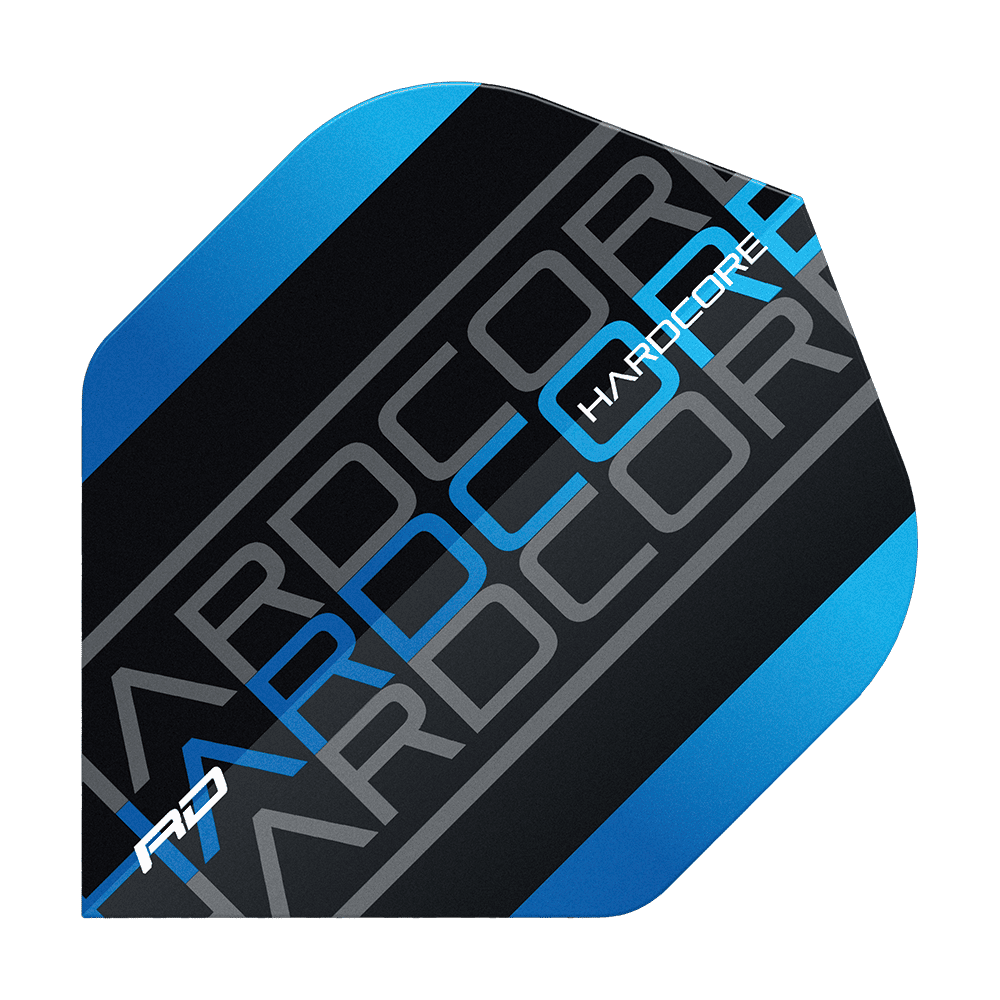 Das Bild zeigt ein Dartflight mit dem Namen "Red Dragon Hardcore XT Triple Standard Flights". Das Design ist schwarz mit blauen und grauen Akzenten sowie dem Schriftzug "HARDCORE".
