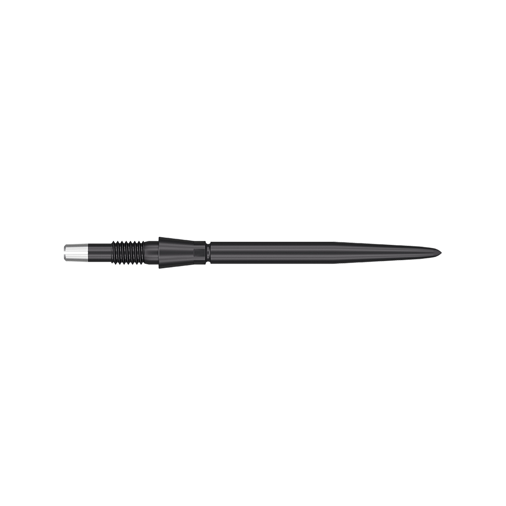 340060_Target_Swiss_Storm_Point_Dartspitzen_Schwarz_30mm_2 Das Bild zeigt eine schwarze Dartspitze mit gerilltem Bereich und glattem, spitz zulaufendem Ende. Sie ist lang und schmal gestaltet und wirkt sehr präzise verarbeitet.