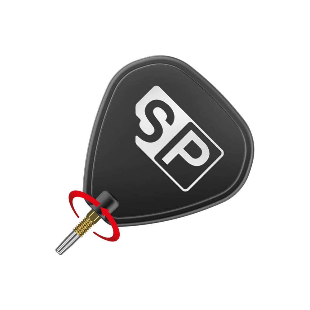 Target Swiss Firepoint Gold Dartspitzen Das Bild zeigt eine schwarze Dart-Flightscheibe mit dem weißen Aufdruck "SP". Darunter ist eine goldene Dartspitze mit einem roten Pfeil, der eine Drehbewegung anzeigt.