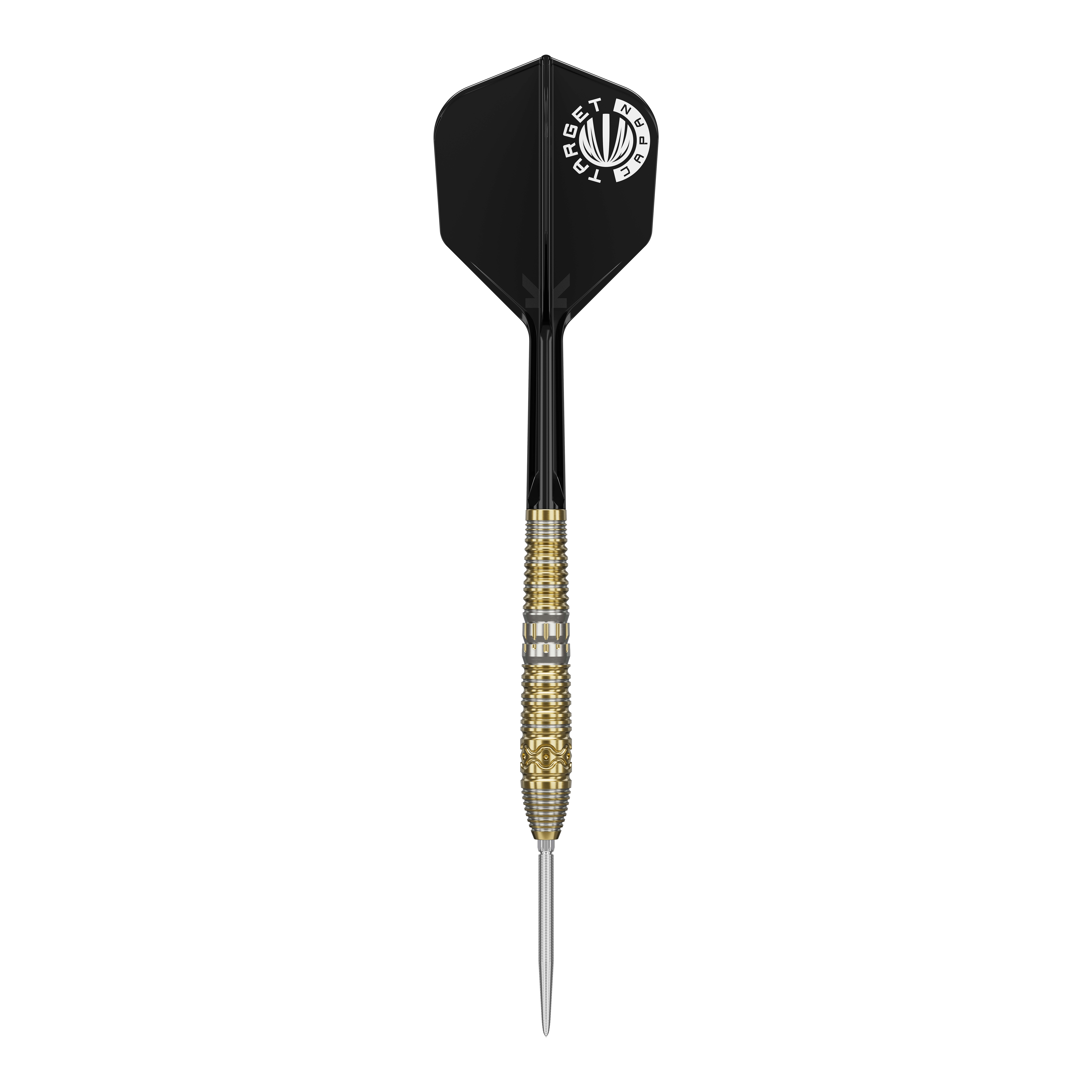 Target Japan Hot Shot GEN2 Steeldarts - 23g Das Bild zeigt einen Target Japan Hot Shot GEN2 Steeldart mit einem Gewicht von 23g. Der Dart hat eine goldene, strukturierte Spitze und schwarze Flights.