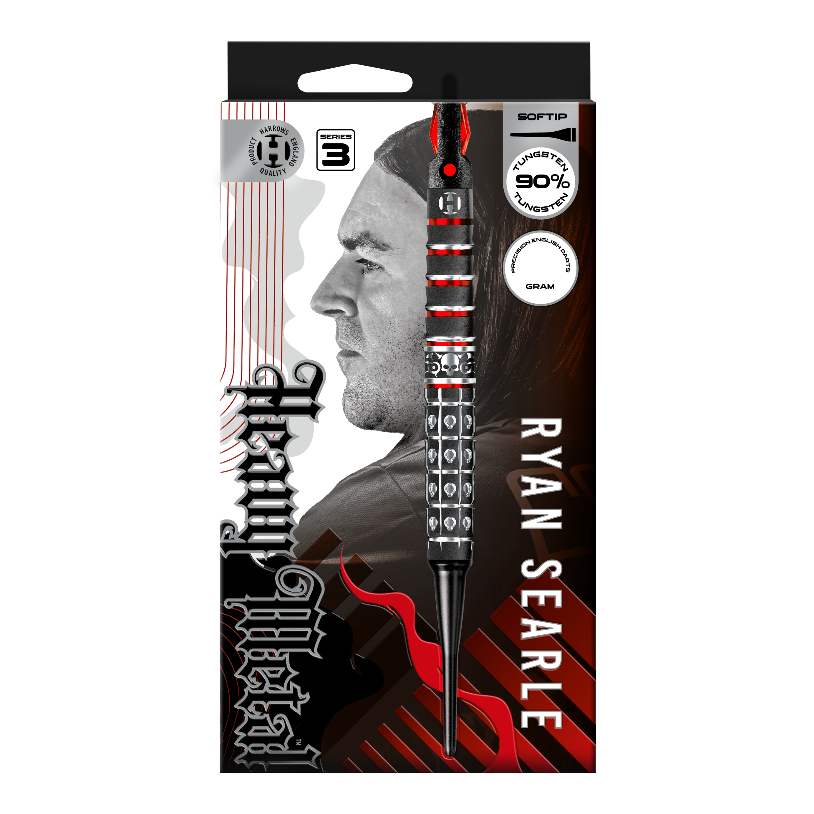 Harrows Ryan Searle Series 3 Softdarts Abgebildet ist Harrows Ryan Searle Series 3 Softdarts. Es handelt sich um einen Satz moderner Softdarts für Dartspieler.