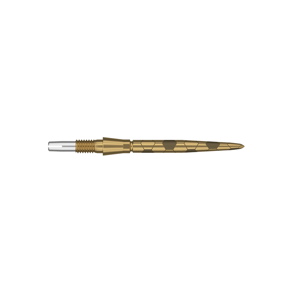 Target Swiss Storm Onyx Point Dartspitzen - Gold Das Bild zeigt eine goldfarbene Dartspitze mit feinen eingravierten Mustern. Sie hat eine schlanke, spitz zulaufende Form und ist 26 mm lang.