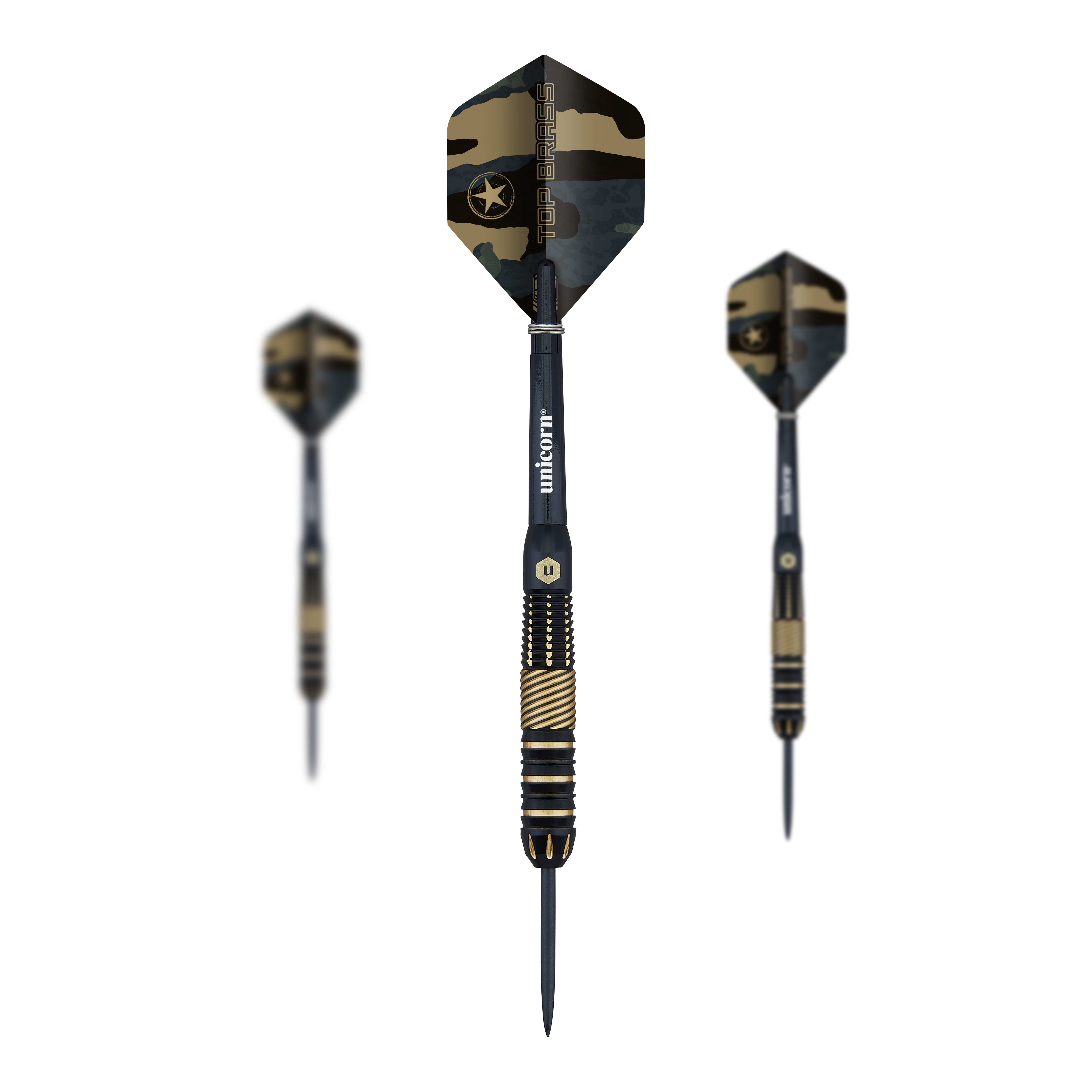Das Bild zeigt drei Steeldarts des Modells 'Unicorn Top Brass V2 - 19g' mit schwarzem und goldenem Design. Die Flights haben ein Camouflage-Muster mit einem Stern und dem Schriftzug "Top Brass".