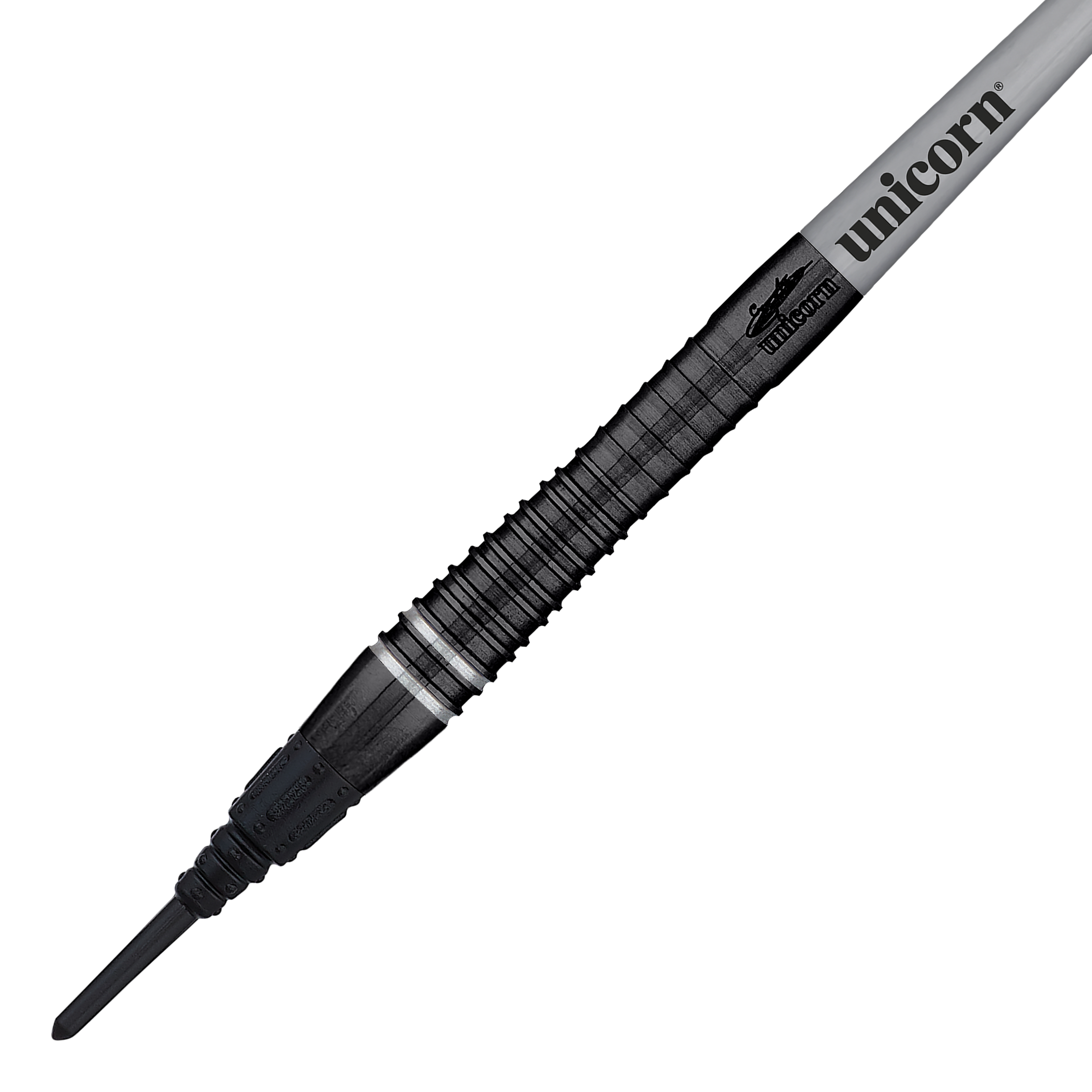 Das Bild zeigt einen Unicorn World Champion Gary Anderson Noir Phase 6 Softdart. Der Dart hat ein elegantes, schwarzes Design mit dem Aufdruck "unicorn" auf dem Schaft.