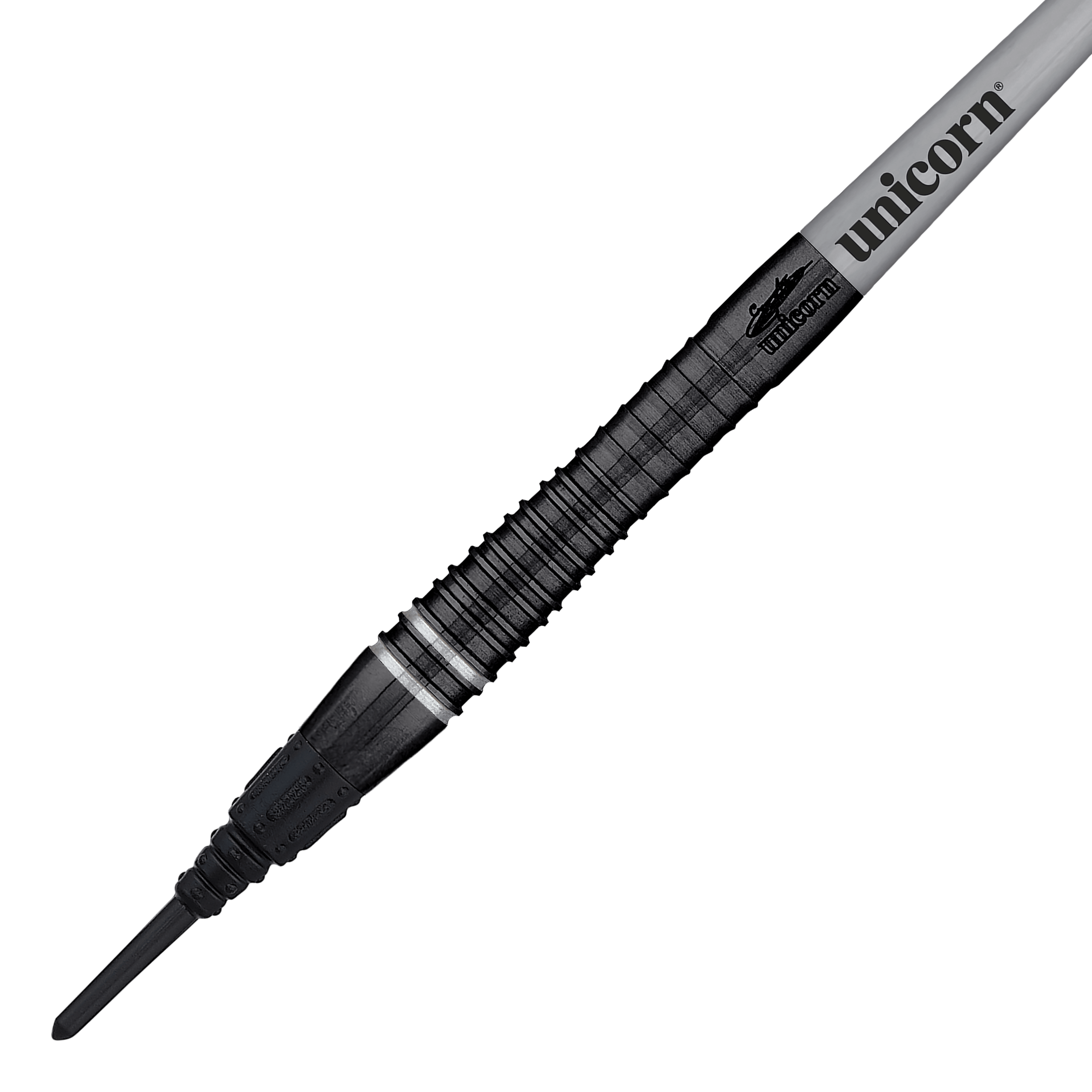 Unicorn World Champion Gary Anderson Noir Phase 6 Softdarts Das Bild zeigt einen Unicorn World Champion Gary Anderson Noir Phase 6 Softdart. Der Dart hat ein elegantes, schwarzes Design mit dem Aufdruck "unicorn" auf dem Schaft.