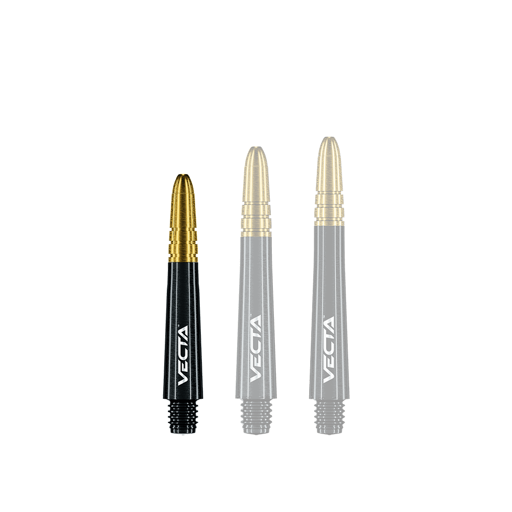 7025-109_Winmau_Vecta_Shafts_Schwarz_Gold_34mm_1AkKuauguLAf71 Das Bild zeigt drei Winmau Vecta Shafts in Schwarz-Gold. Die Shafts haben einen schwarzen Schaft und eine goldene Spitze, jeweils mit dem Schriftzug "VECTA".