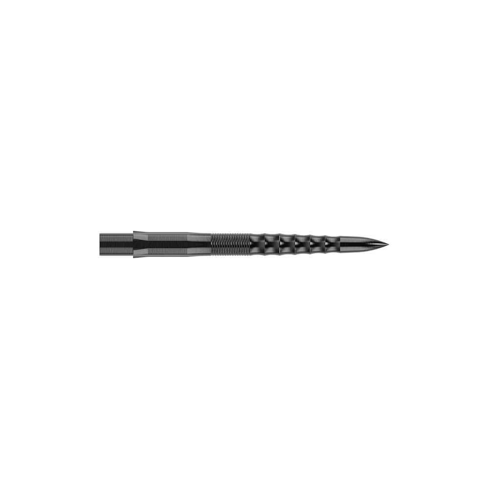 Mission Caliburn EVO Dartspitzen - Ripple - Schwarz Das Bild zeigt eine schwarze Steeldartspitze mit einer gerippten Oberflächenstruktur. Die Spitze ist gerade und hat eine Länge von 26 mm.