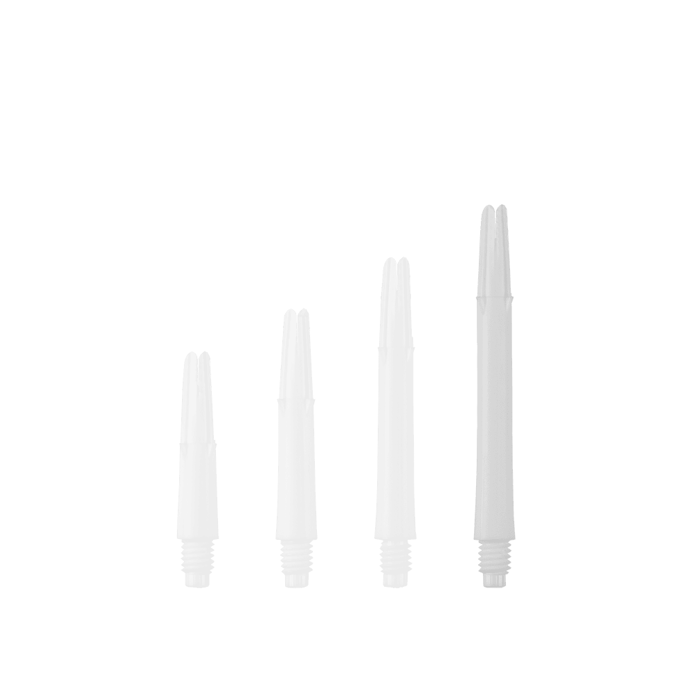 L-Style L-Shafts Locked Straight - White 330 Das Bild zeigt vier weiße, gerade Dartshafts in unterschiedlichen Längen. Sie sind ohne Kappen und stehen nebeneinander aufgereiht.