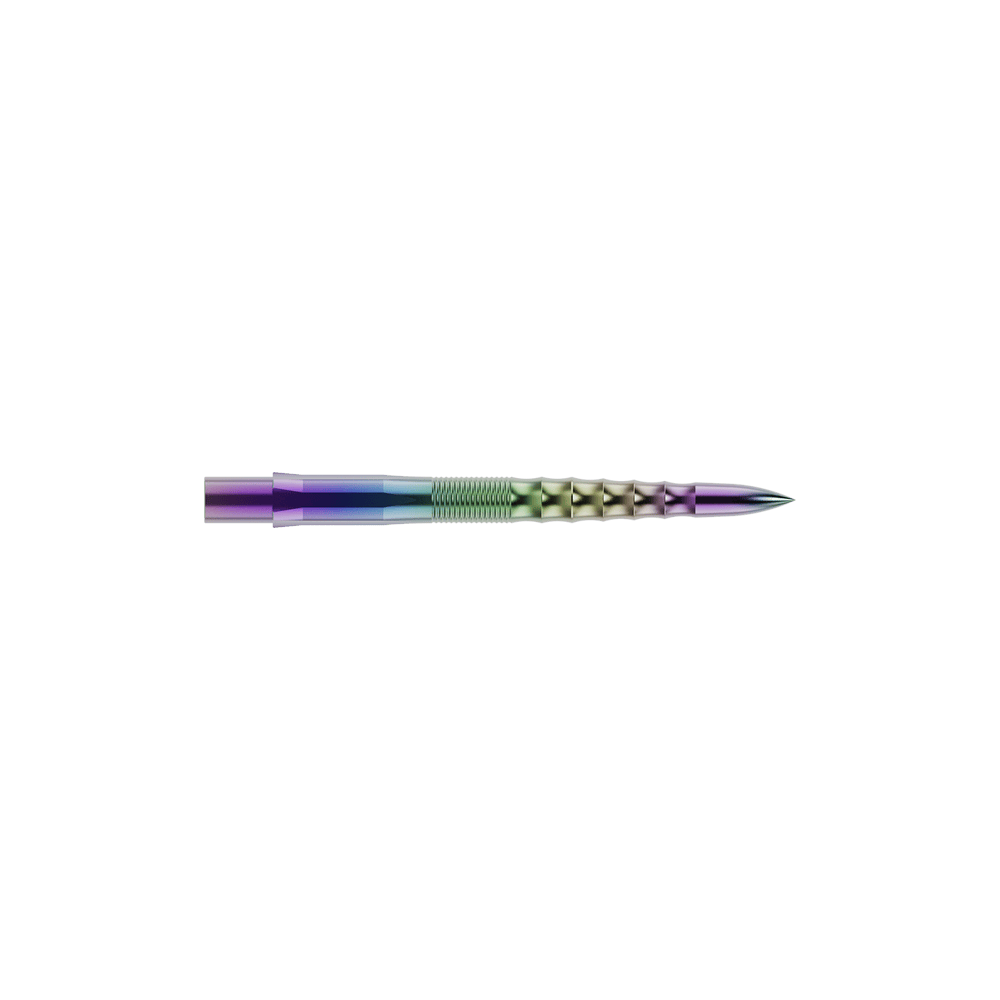 Mission Caliburn EVO Dartspitzen - Ripple - Coral Auf dem Bild ist eine bunte Steeldartspitze mit wellenförmigem Design zu sehen. Sie hat eine glänzende Oberfläche mit Farbverlauf und ist wahrscheinlich aus Metall gefertigt.