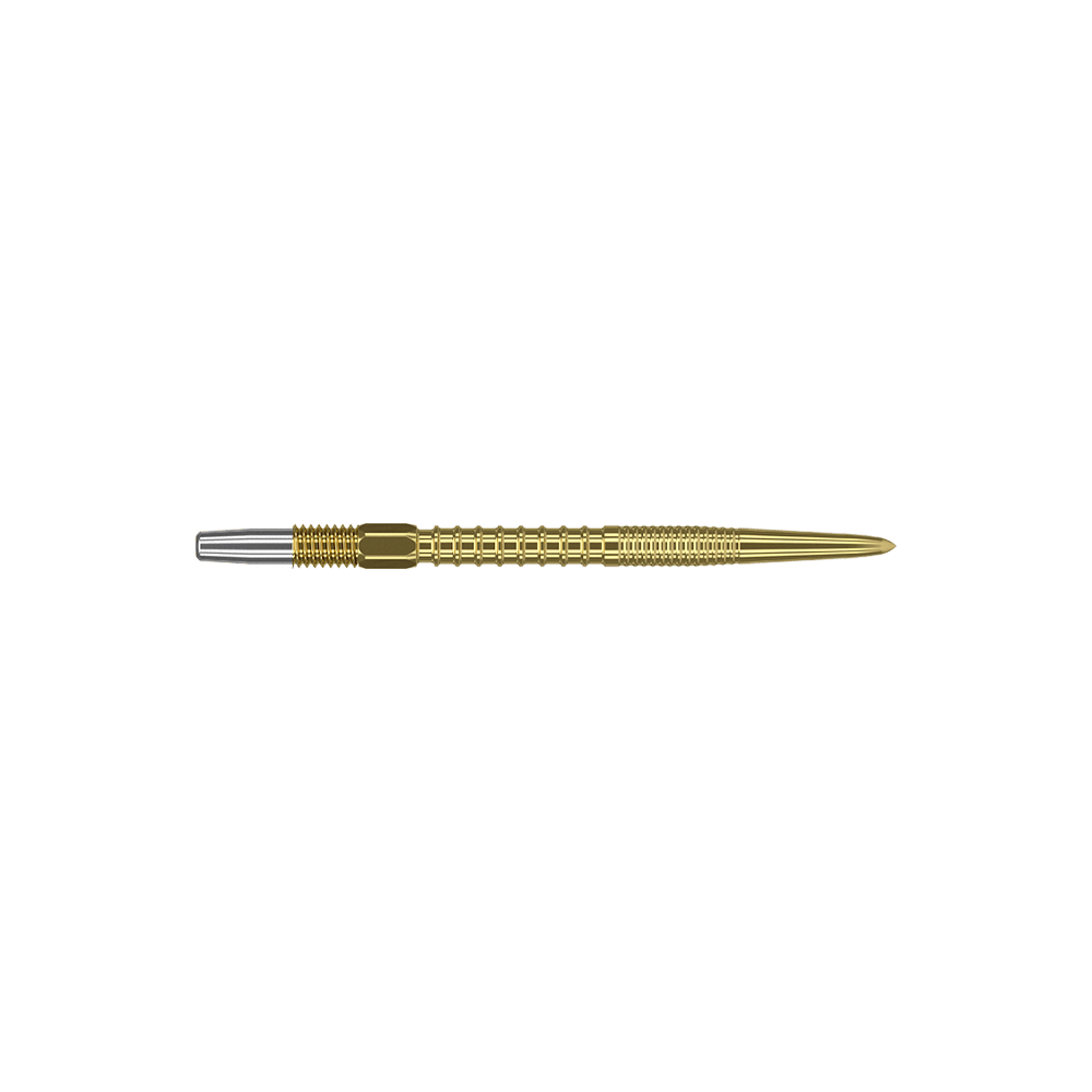 Target Swiss Firepoint Gold Dartspitzen Auf dem Bild ist eine goldene Dartspitze mit einer silbernen Befestigung dargestellt. Die Spitze ist lang, fein gearbeitet und hat eine strukturierte Oberfläche.