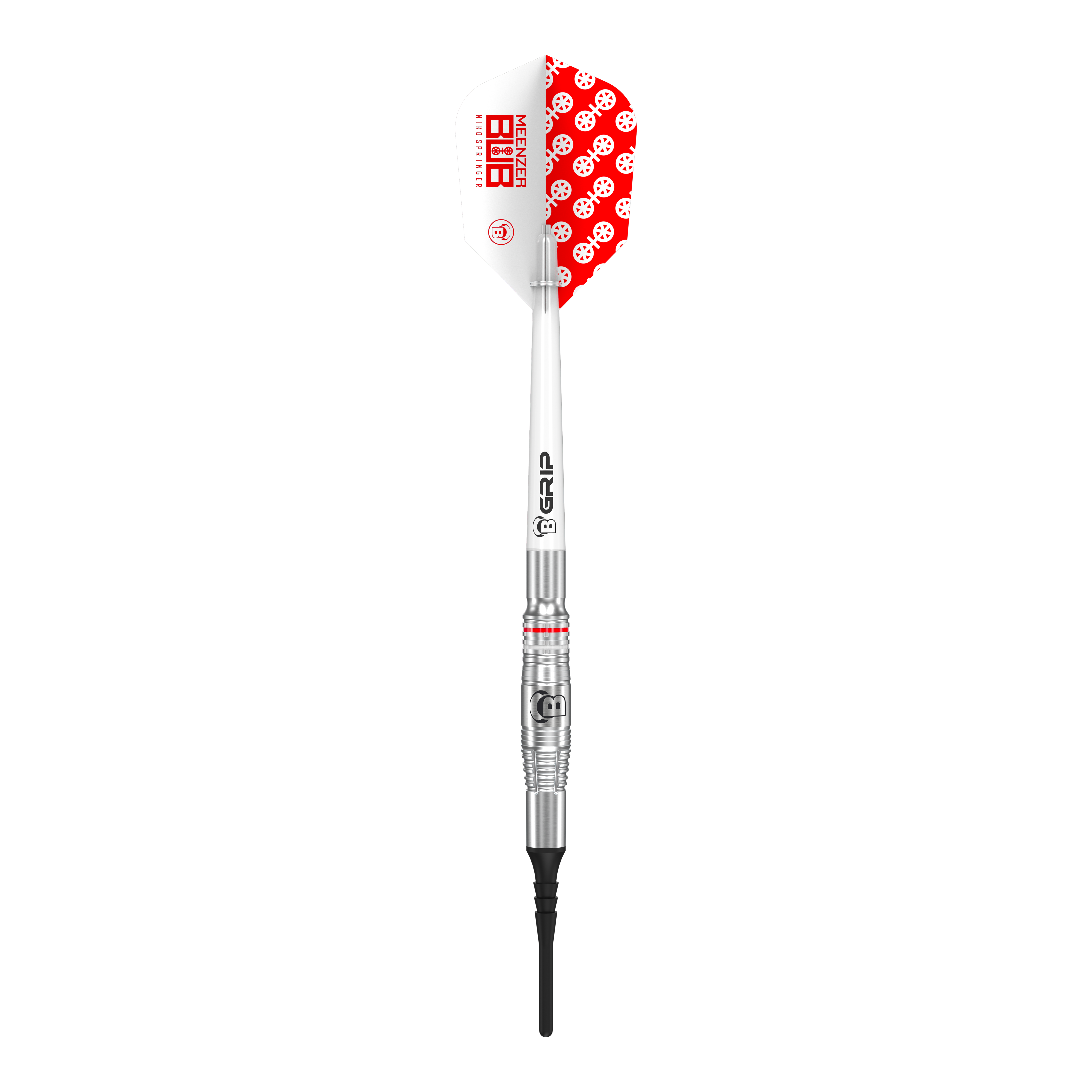 Auf dem Bild ist ein Bulls Niko Springer Softdart mit einem Gewicht von 22g zu sehen. Das Dart hat ein silbernes Barrel, einen weißen Schaft und ein Flight mit rotem Muster.