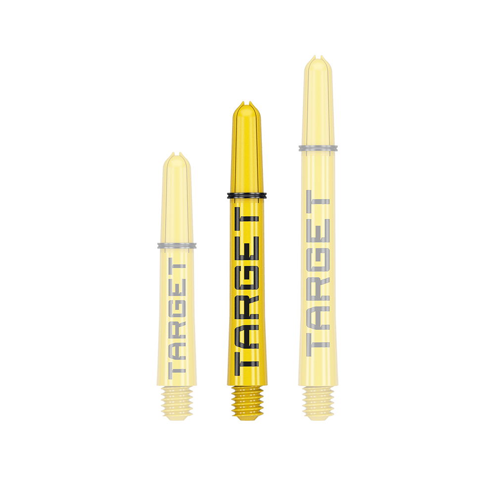 Target Pro Grip TAG Shafts - 3 Sets - Gelb Das Bild zeigt drei gelbe Dartschäfte in verschiedenen Längen. Auf jedem Schaft steht das Wort "TARGET" in schwarzer Schrift.