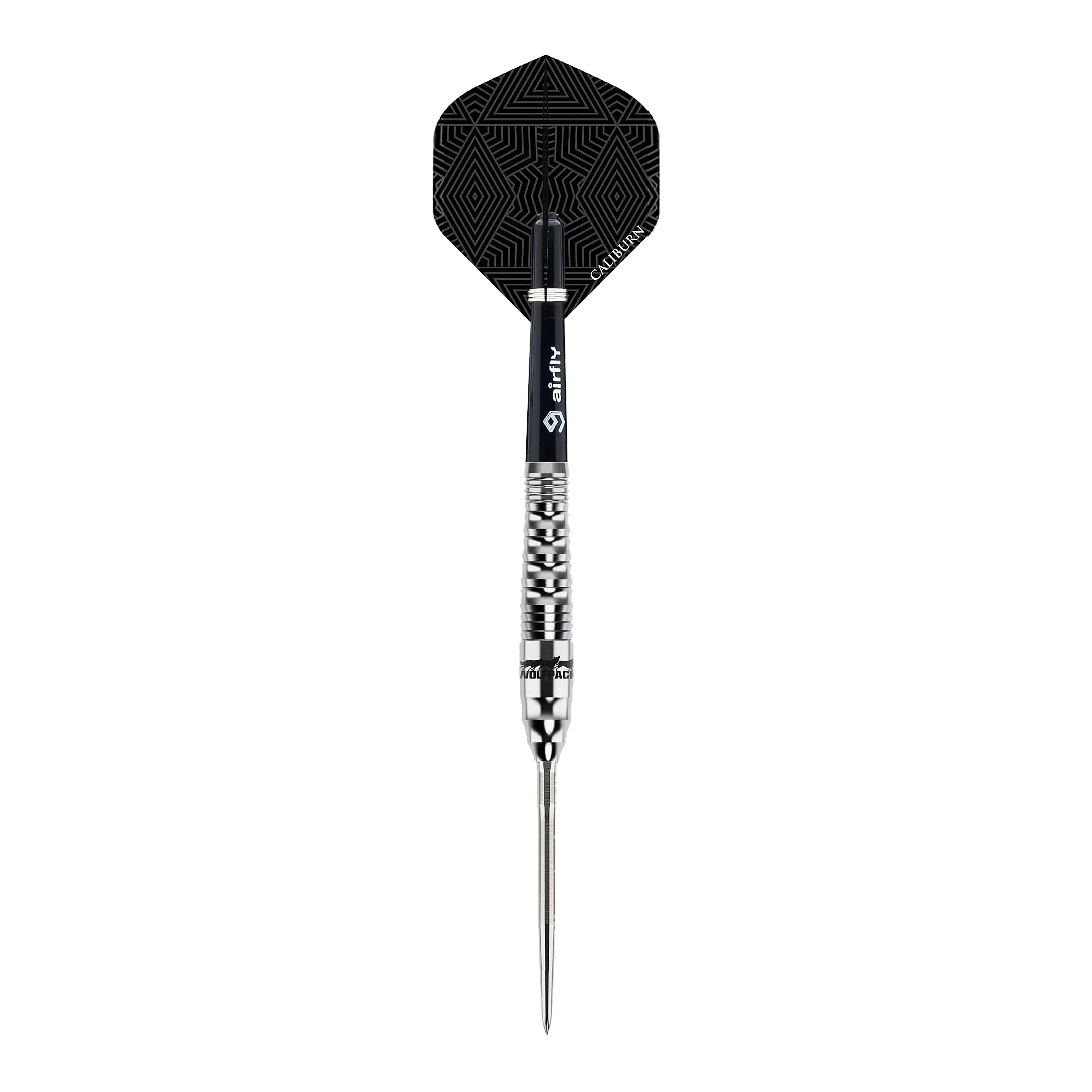 Caliburn Wolfpack W3 Steeldarts - 21g Auf dem Bild ist der Caliburn Wolfpack W3 Steeldart mit einem Gewicht von 21g zu sehen. Der Dartpfeil hat ein silbernes, strukturiertes Barrel und eine schwarz gemusterte Flight.