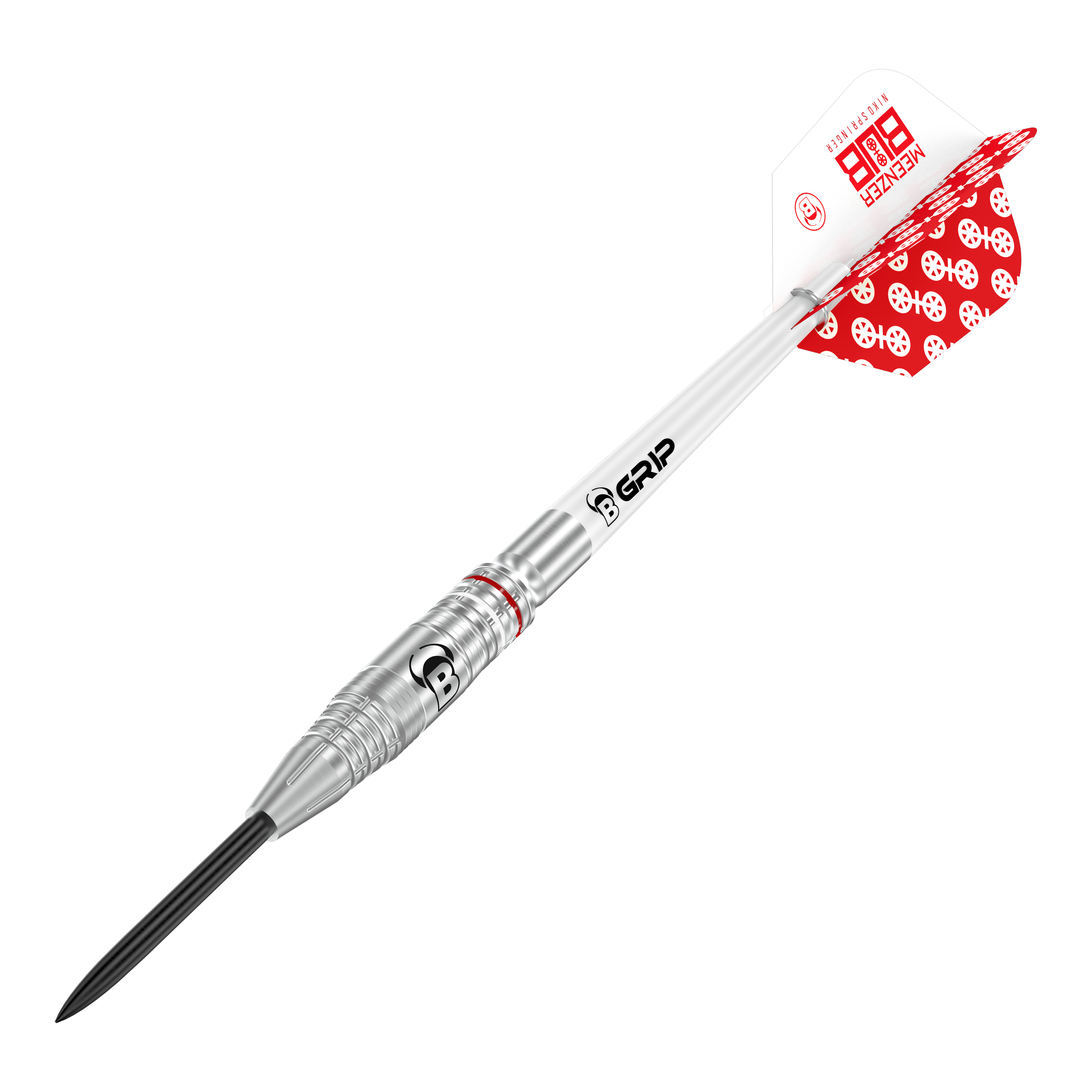 Bulls Niko Springer Steeldarts Das Bild zeigt einen Bulls Niko Springer Steeldart. Der Dartpfeil ist silberfarben und hat rote und weiße Flights mit Muster.