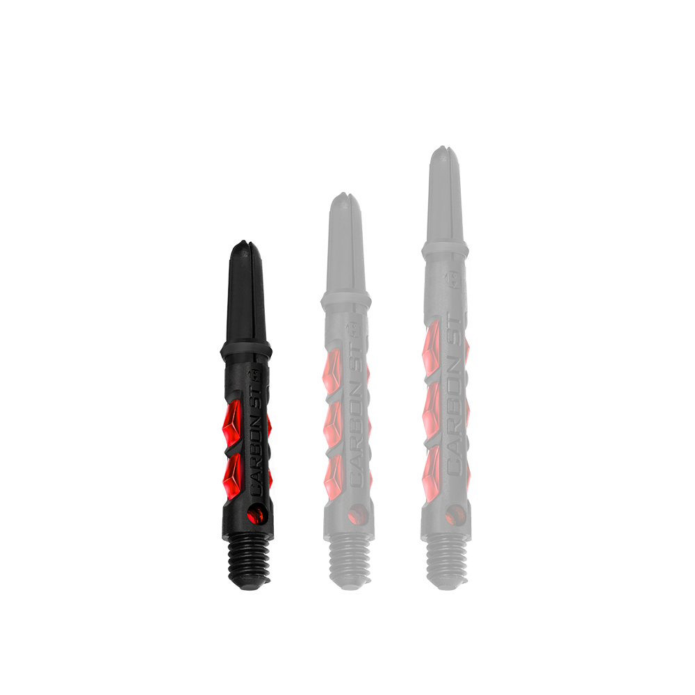 Das Bild zeigt drei Harrows Carbon ST Shafts in der Farbe Rot. Die Dartschäfte sind schwarz mit roten Akzenten und in verschiedenen Längen dargestellt.