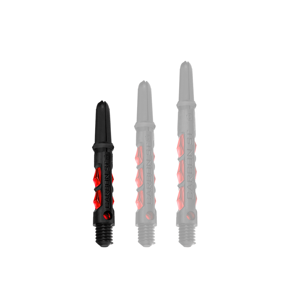 HR431_Harrows_Carbon_ST_Shafts_Rot_33mm_1qtMFqgx1pEQN2 Das Bild zeigt drei Harrows Carbon ST Shafts in der Farbe Rot. Die Dartschäfte sind schwarz mit roten Akzenten und in verschiedenen Längen dargestellt.