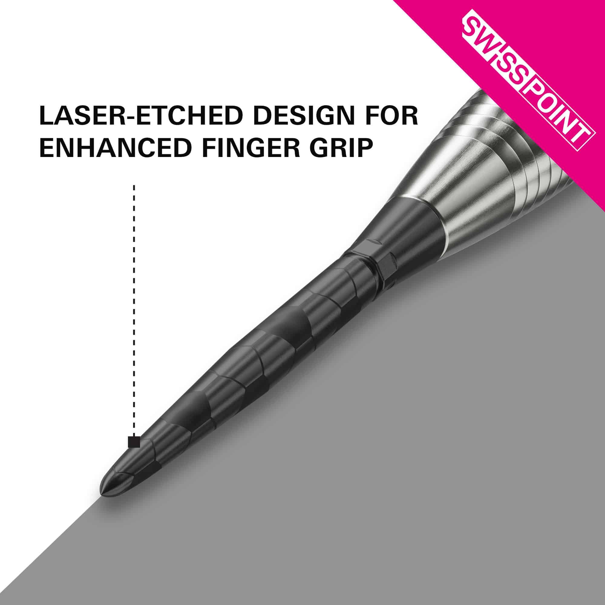 Target Swiss Storm Onyx Point Dartspitzen - Schwarz Das Bild zeigt die schwarze Target Swiss Storm Onyx Point Dartspitze. Die Spitze verfügt über ein lasergeätztes Design für verbesserten Fingergriр.