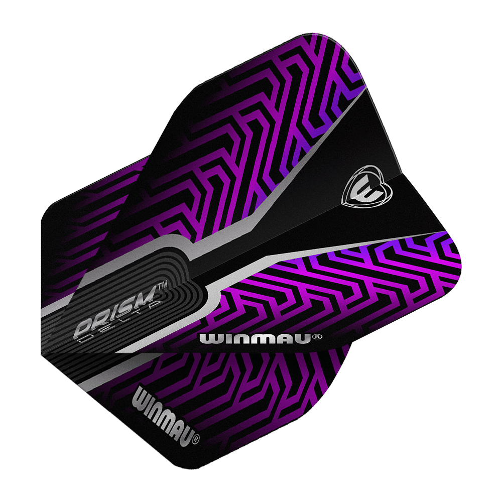 Das Bild zeigt ein Winmau Prism Delta Kairos No2 Standard Dart-Flight in Lila. Das Flight hat ein auffälliges, lilafarbenes Muster mit schwarzen und silbernen Akzenten.