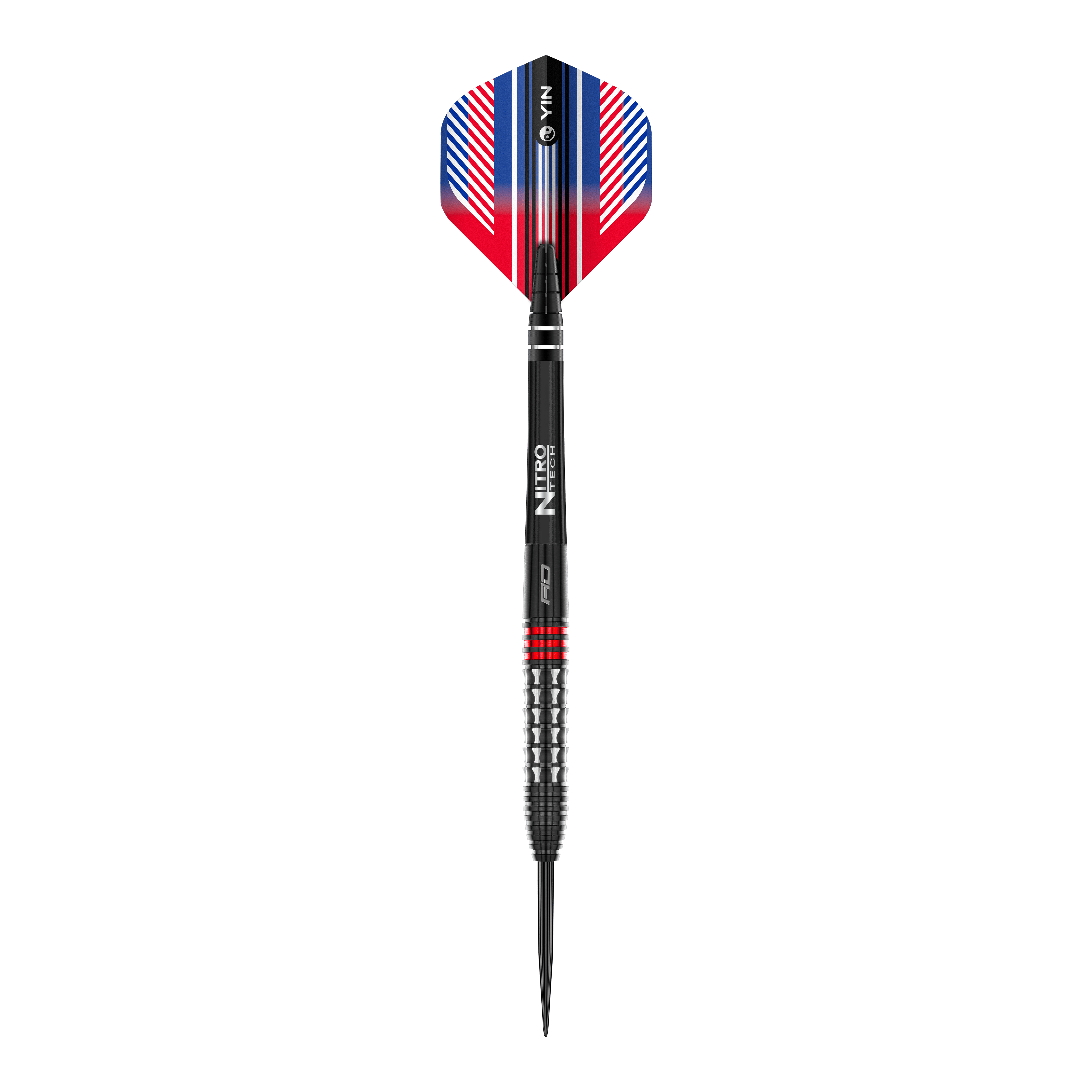 Auf dem Bild ist ein Steeldart der Marke „Red Dragon Vengeance“ zu sehen. Der Dart hat ein auffälliges, rot-blau-weißes Flight-Design und einen silber-schwarzen Schaft mit roten Akzenten.