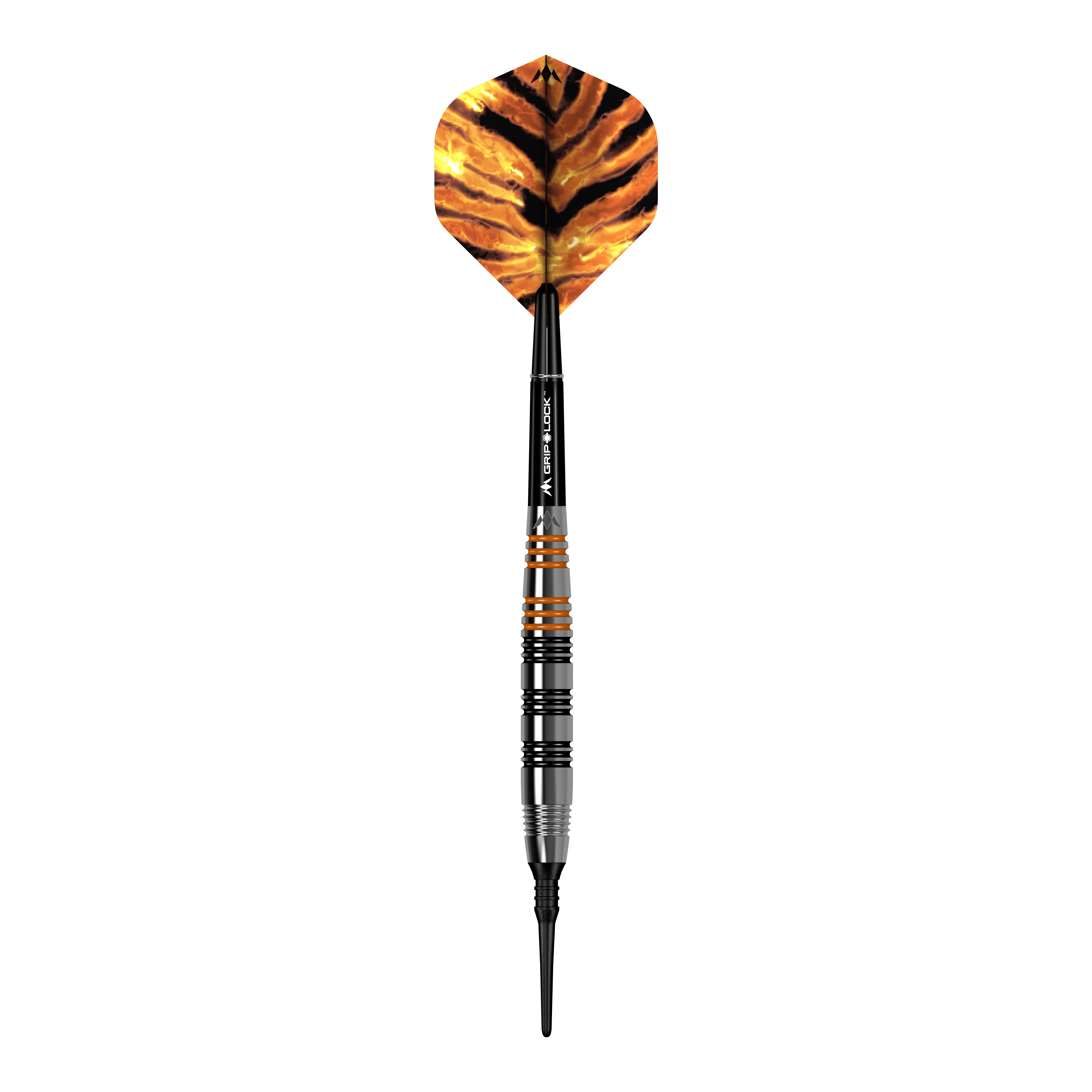 Das Bild zeigt einen Softdart namens "Mission Javan Brass Softdarts - 18g". Der Dart hat eine schwarz-orangene Spitze und eine Flügel mit einem Tigerstreifenmuster.