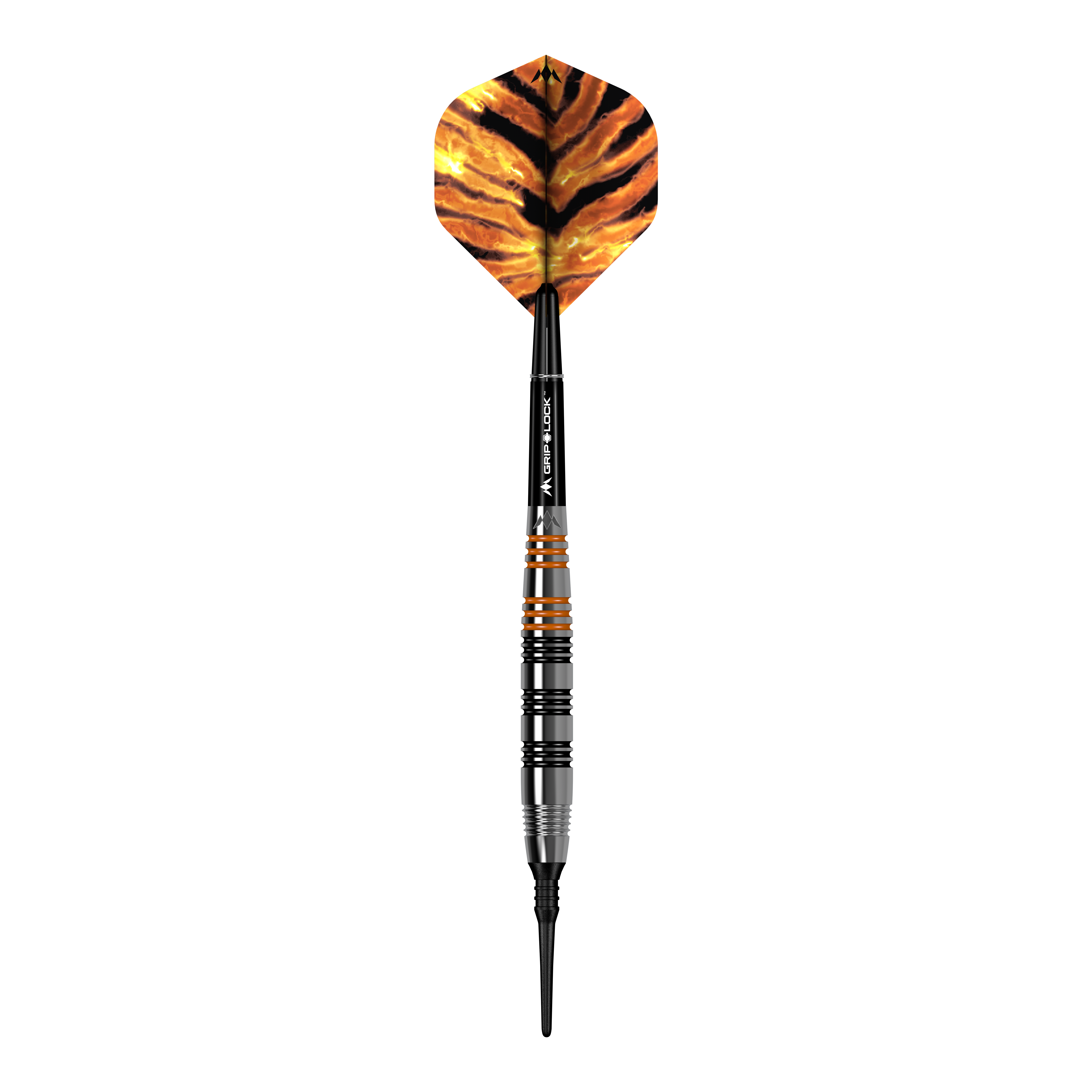 Mission Javan Brass Softdarts - 18g Das Bild zeigt einen Softdart namens "Mission Javan Brass Softdarts - 18g". Der Dart hat eine schwarz-orangene Spitze und eine Flügel mit einem Tigerstreifenmuster.