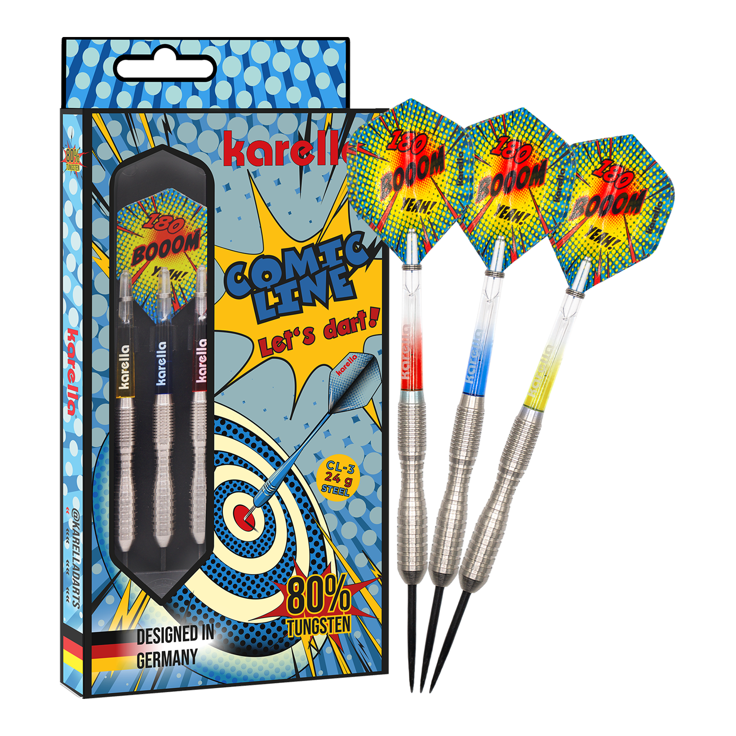 Karella Comic Line CL-3 Steeldarts - 24g Das Bild zeigt das Produkt Karella Comic Line CL-3 Steeldarts - 24g in voller Länge. Die Steeldarts sind klar zu erkennen.