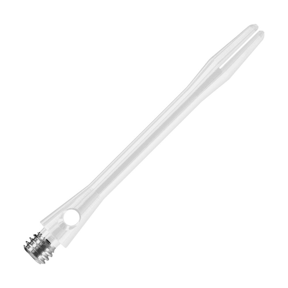 Das Bild zeigt einen weißen Harrows Keramic Shaft für Darts. Der Schaft ist schlank und aus transparentem Material gefertigt.