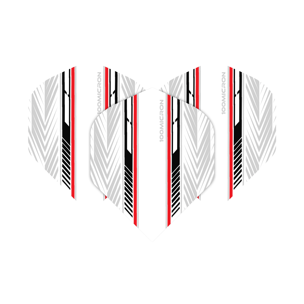 Pentathlon Flights weiß/schwarz/rot Das Bild zeigt die Pentathlon White Black Red No2 Standard Flights. Die Flights haben ein weißes Grunddesign mit schwarzen und roten Streifen sowie grafischen Mustern.