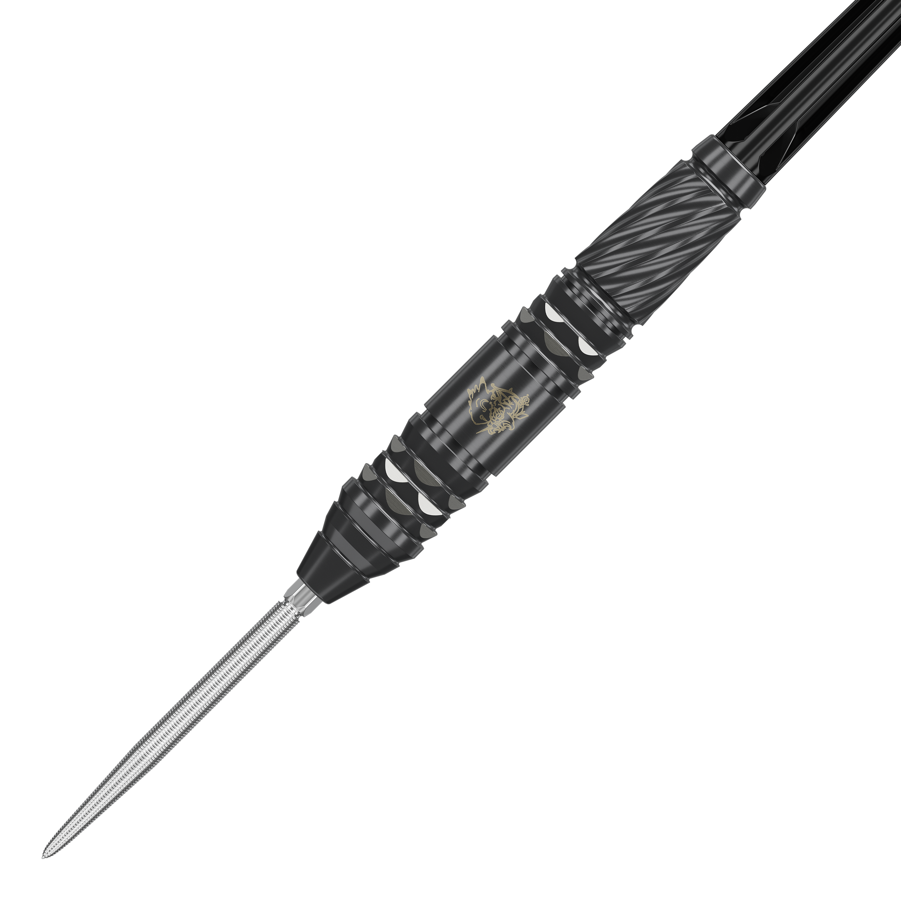 Das Bild zeigt einen schwarzen Steeldart der Marke "Target Japan Black Marque Dragon GEN2 Swiss Point". Der Dart hat ein auffälliges, modernes Design mit silbernen und schwarzen Akzenten.